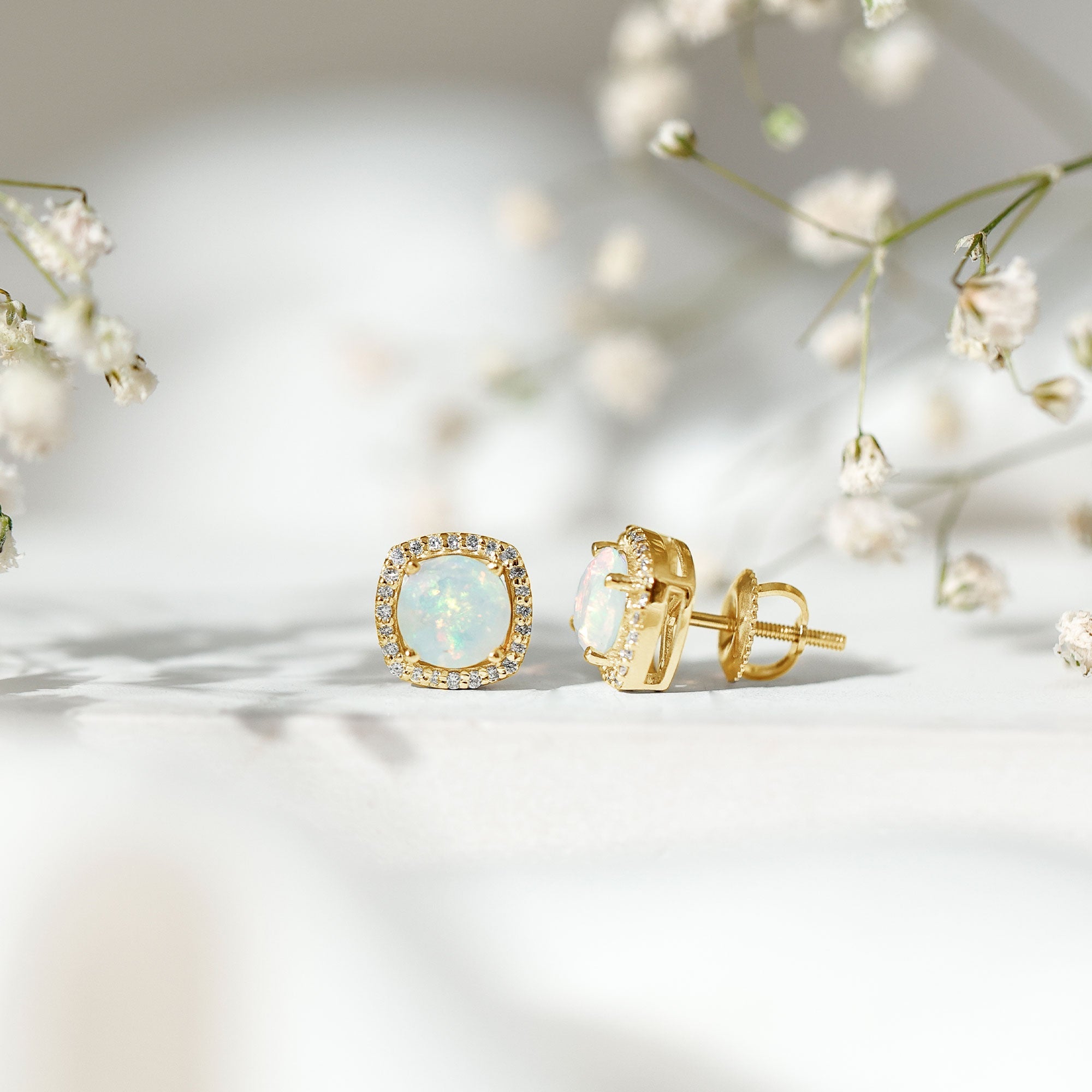 Real Ethiopian Opal and Diamond Halo Stud Earrings