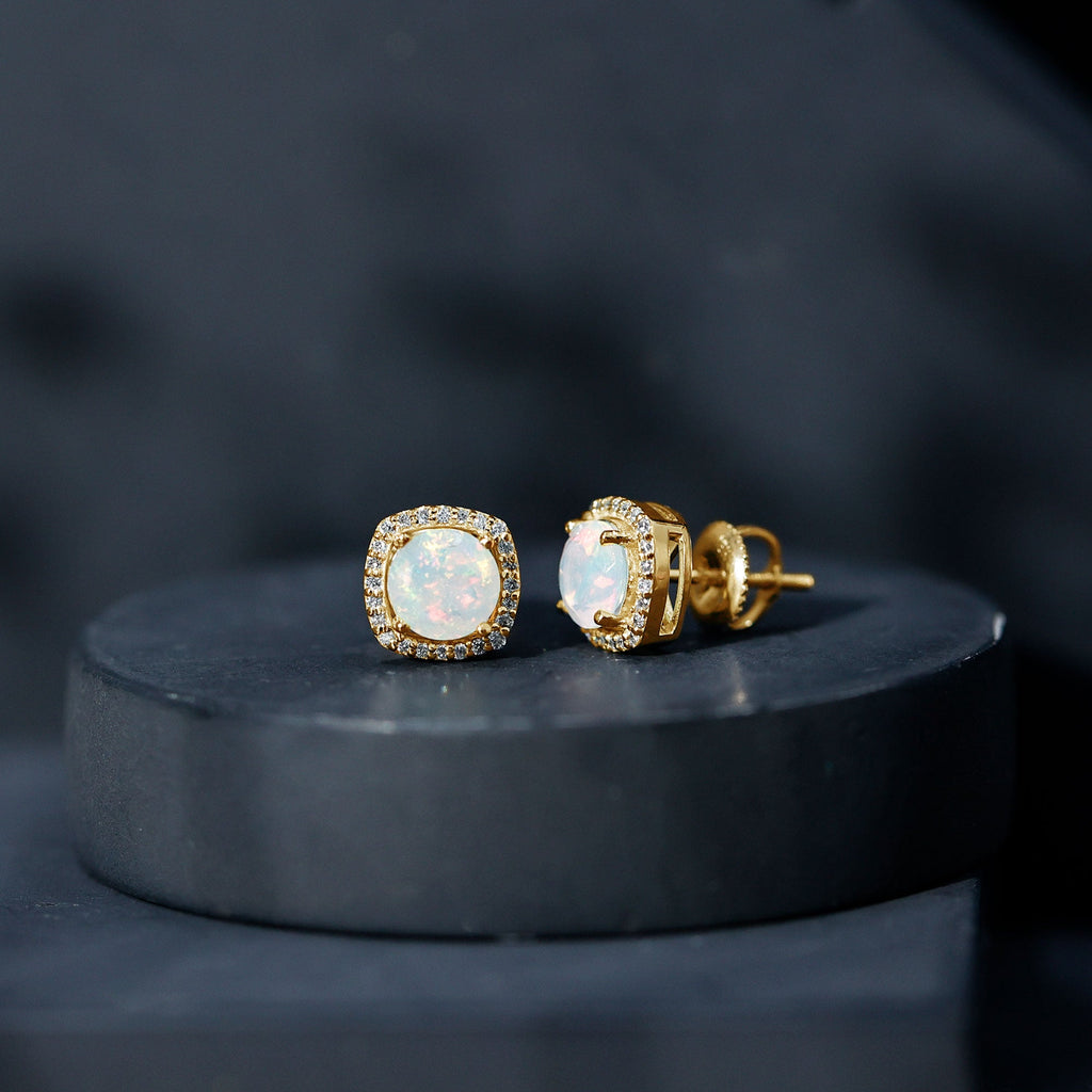 Real Ethiopian Opal and Diamond Halo Stud Earrings