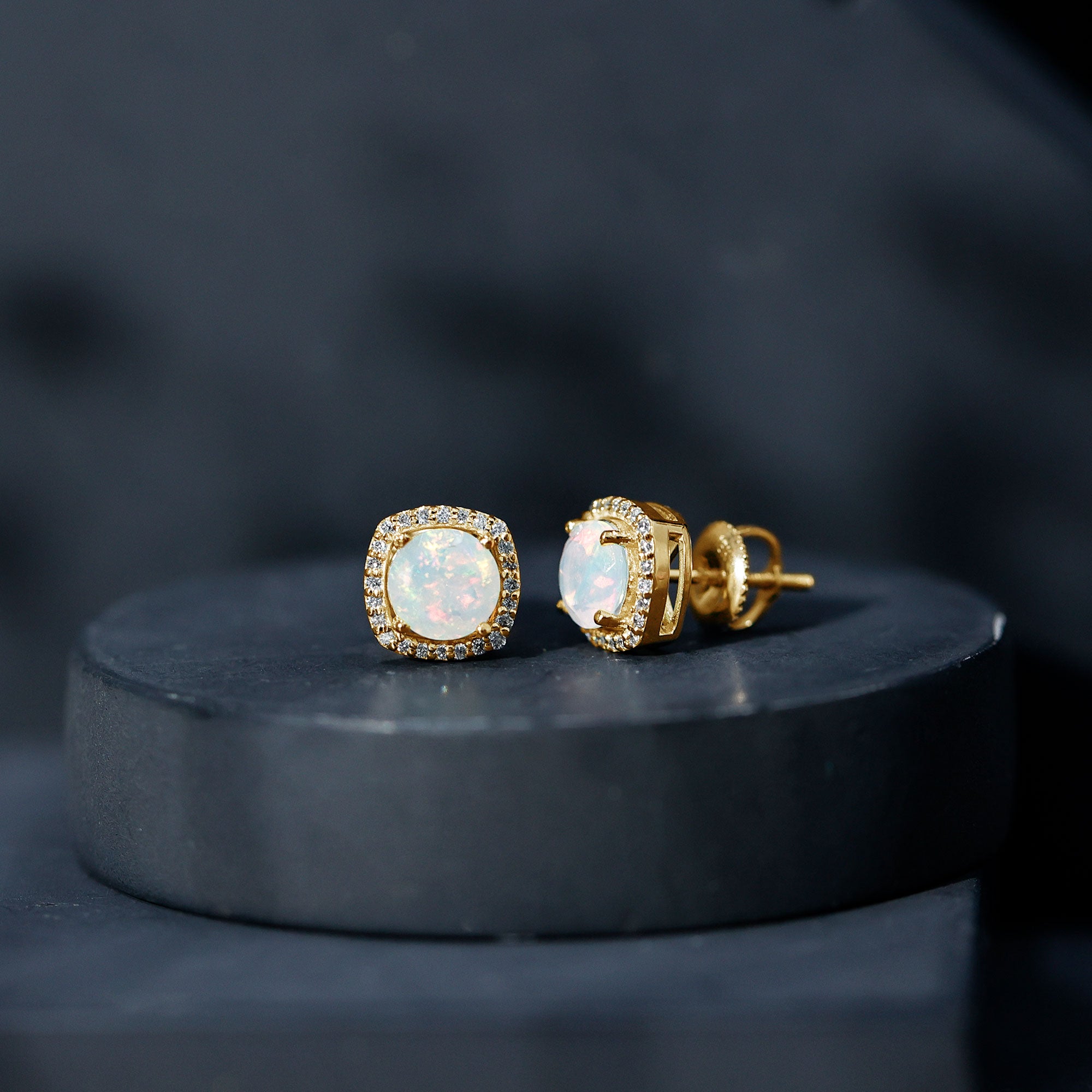 Real Ethiopian Opal and Diamond Halo Stud Earrings