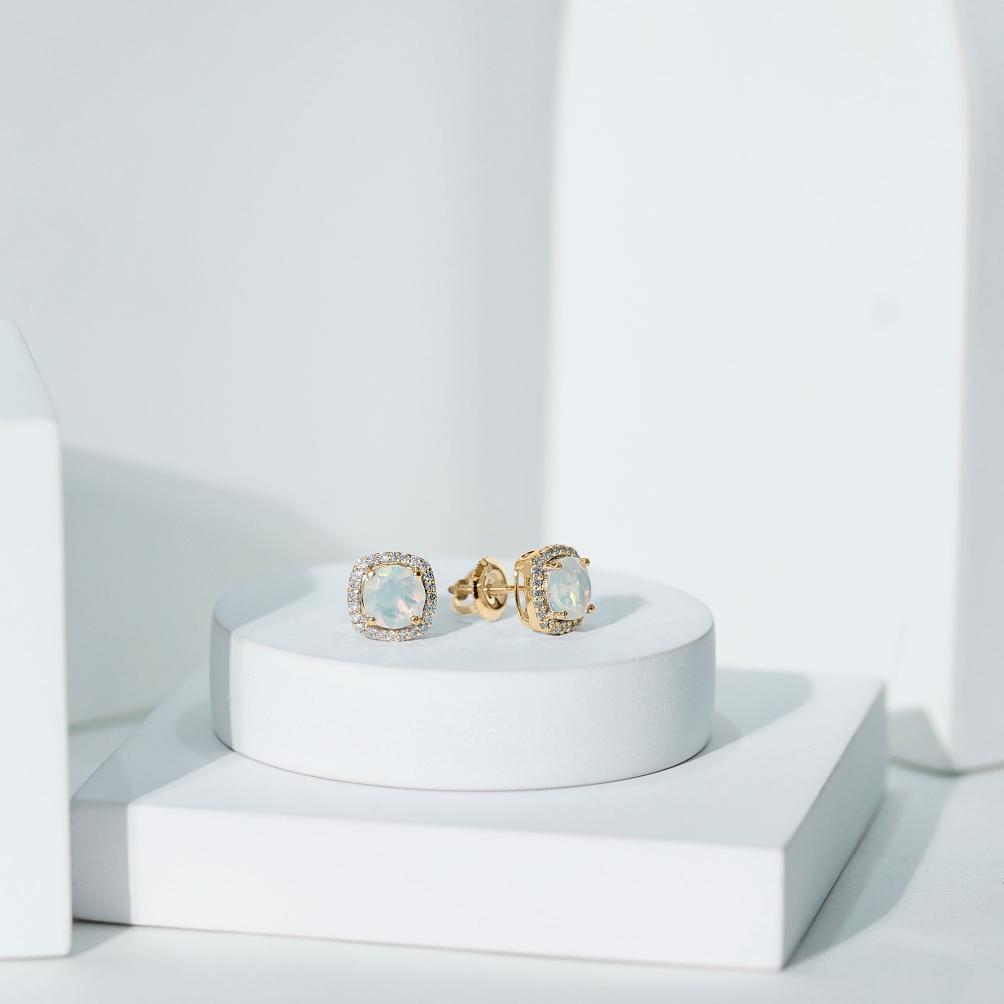 Real Ethiopian Opal and Diamond Halo Stud Earrings