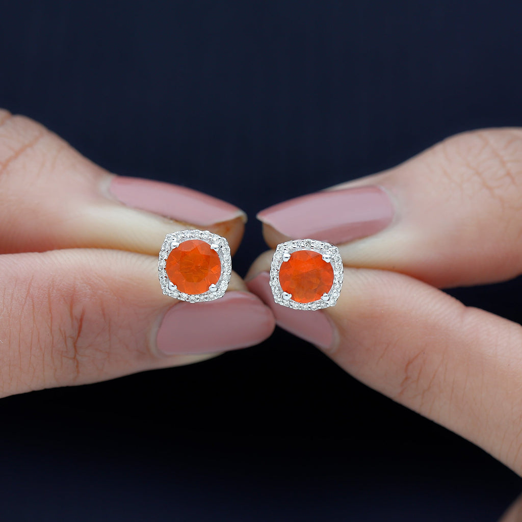 1.5 CT Round Fire Opal and Diamond Halo Stud Earrings