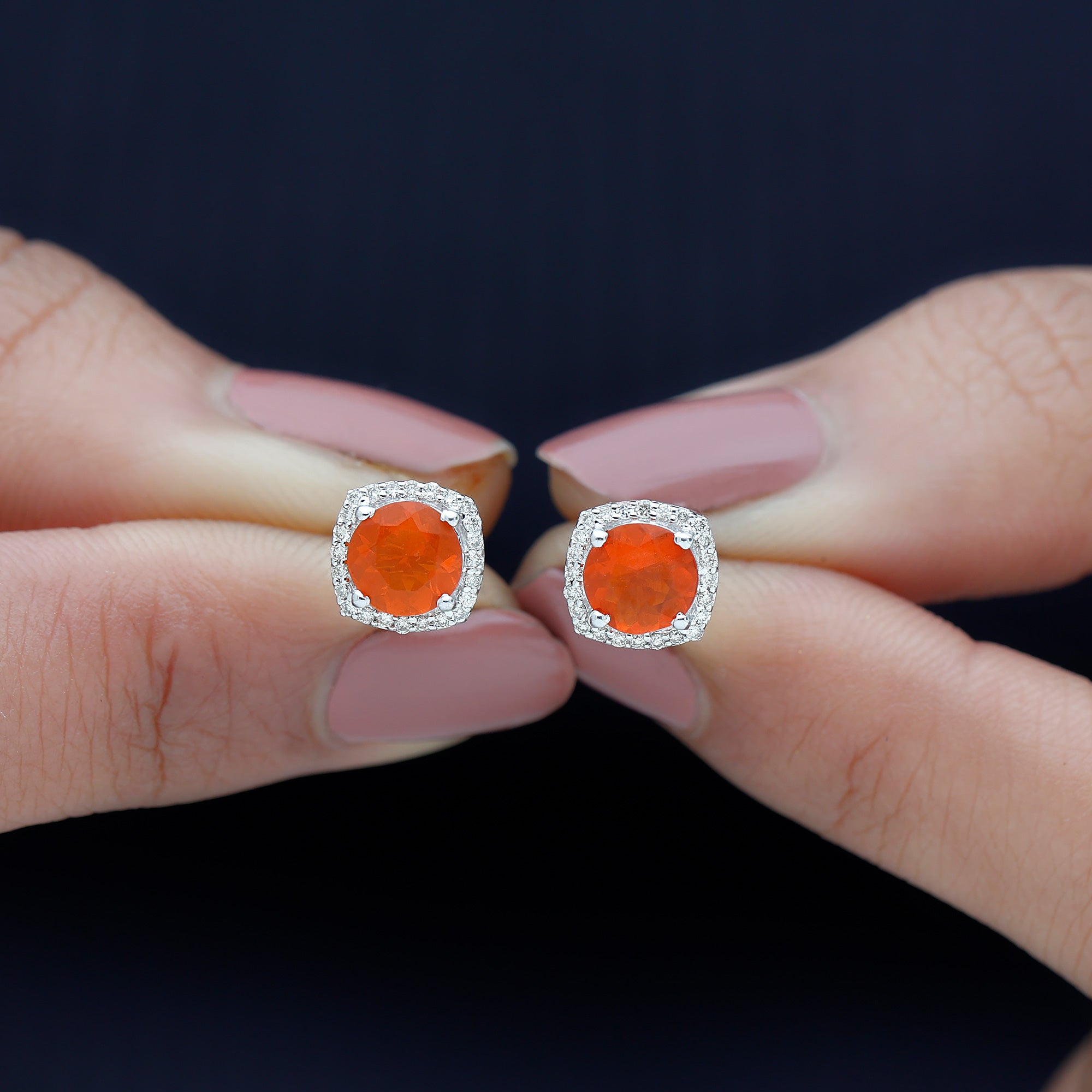 1.5 CT Round Fire Opal and Diamond Halo Stud Earrings