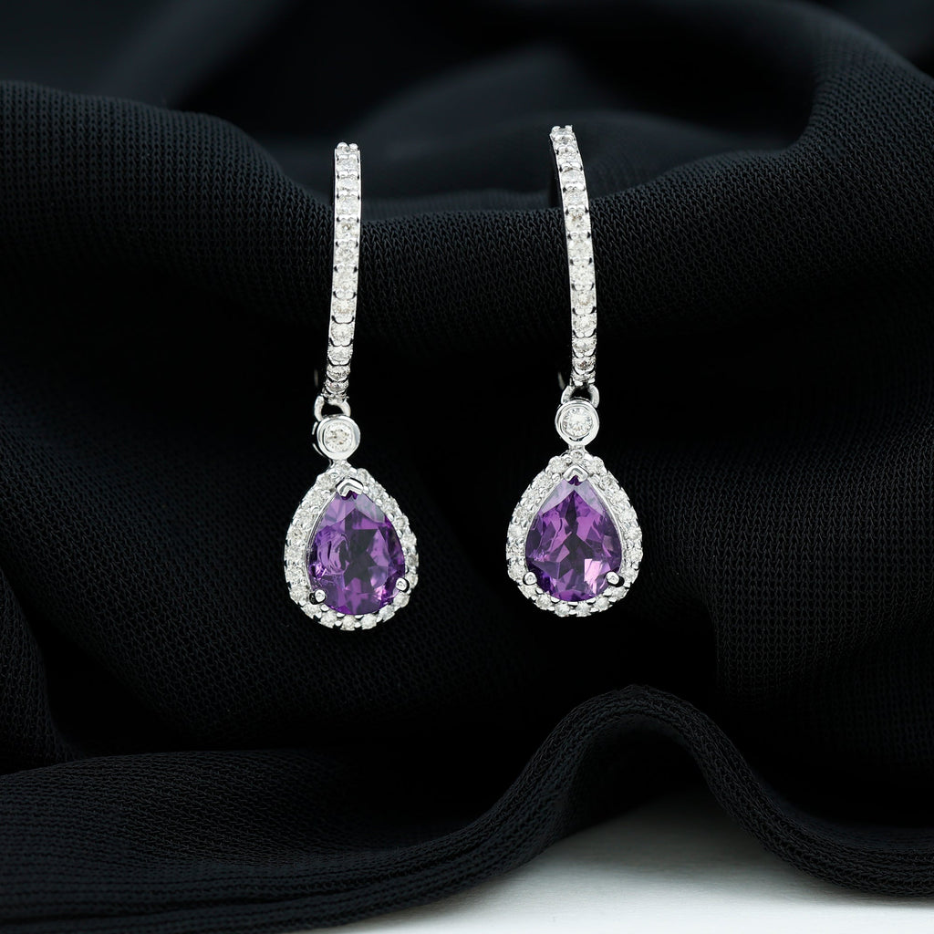 2 Carat Pear Cut Amethyst Hoop Drop Earrings with Diamond Halo