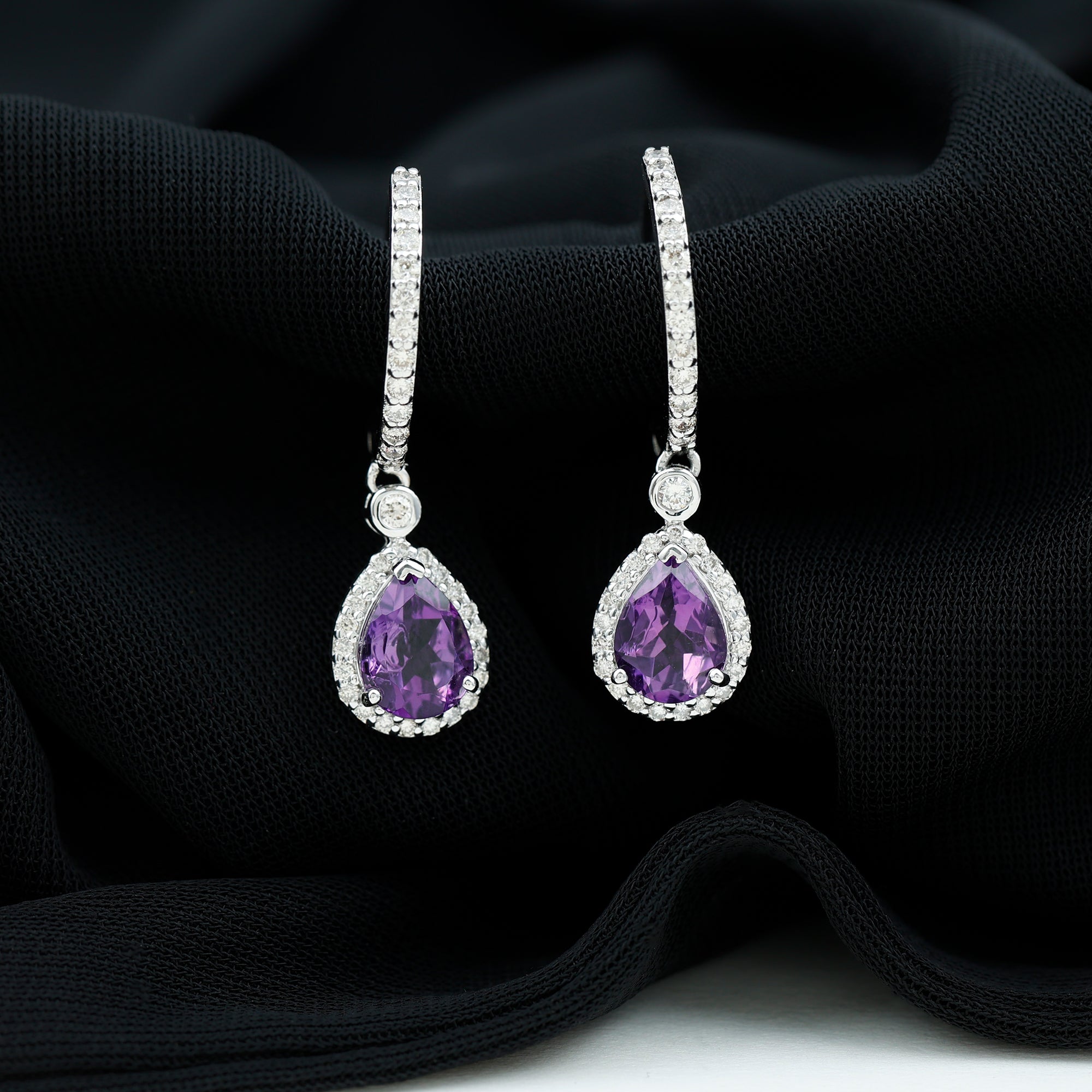 2 Carat Pear Cut Amethyst Hoop Drop Earrings with Diamond Halo