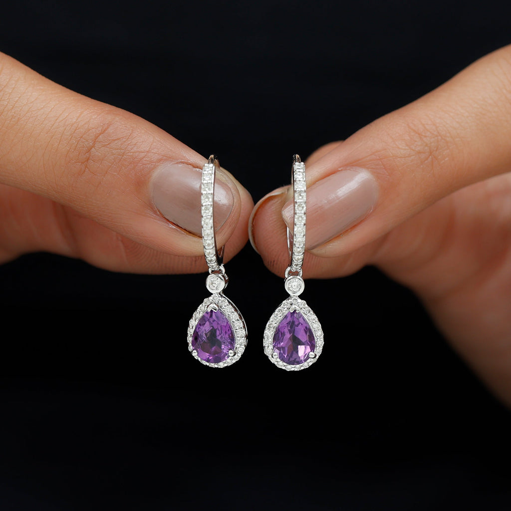 2 Carat Pear Cut Amethyst Hoop Drop Earrings with Diamond Halo
