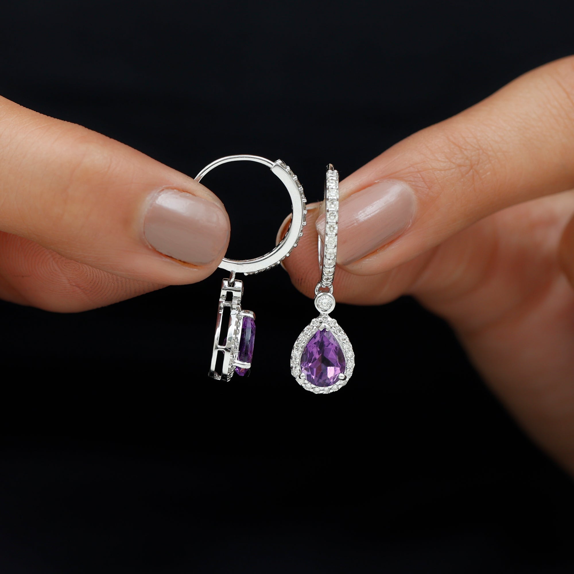 2 Carat Pear Cut Amethyst Hoop Drop Earrings with Diamond Halo