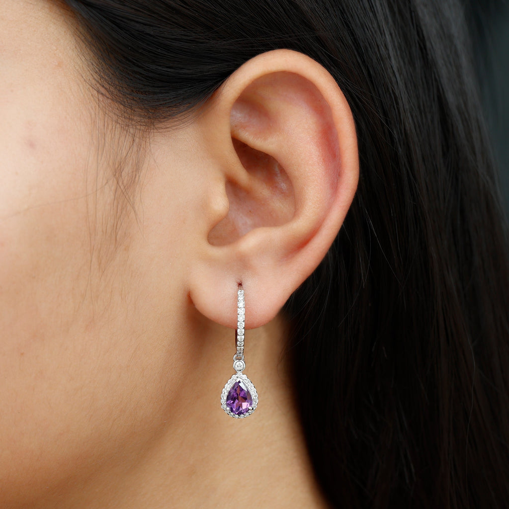 2 Carat Pear Cut Amethyst Hoop Drop Earrings with Diamond Halo