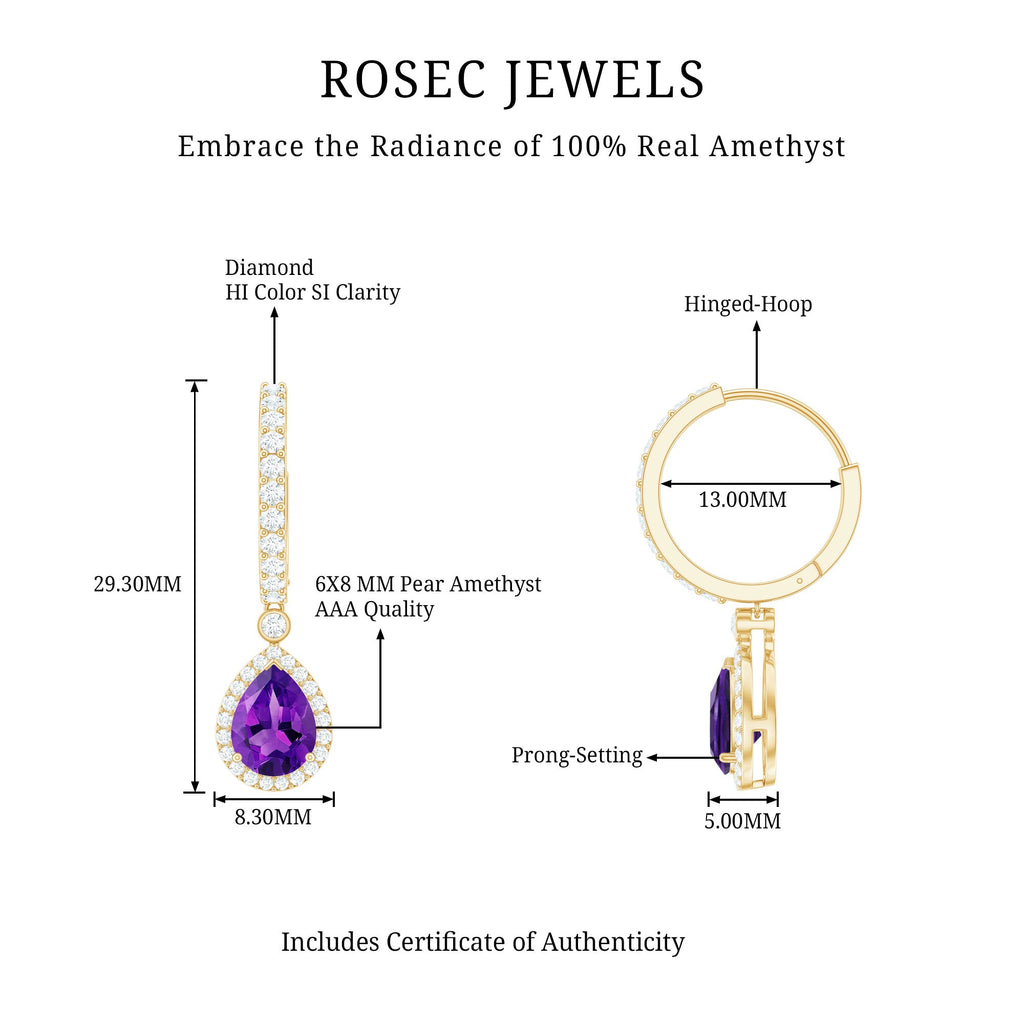 2 Carat Pear Cut Amethyst Hoop Drop Earrings with Diamond Halo