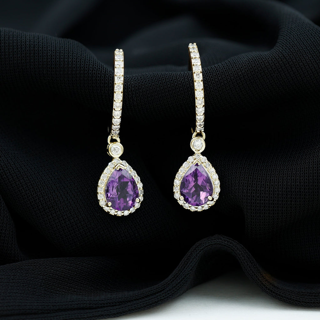 2 Carat Pear Cut Amethyst Hoop Drop Earrings with Diamond Halo