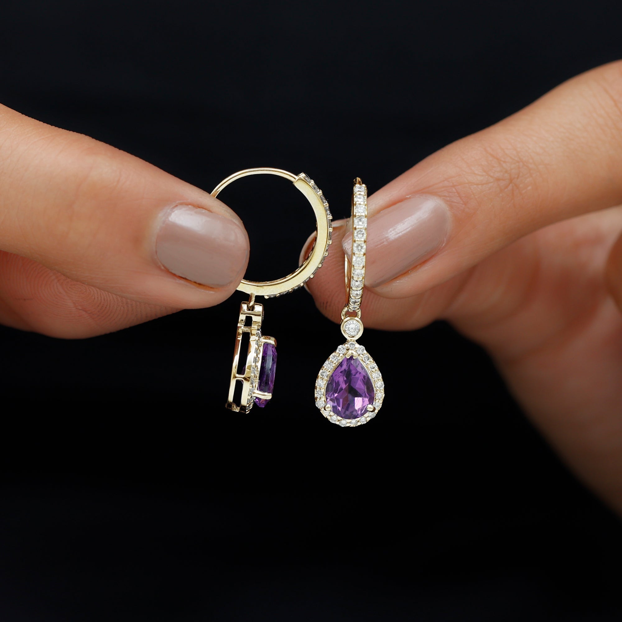 2 Carat Pear Cut Amethyst Hoop Drop Earrings with Diamond Halo