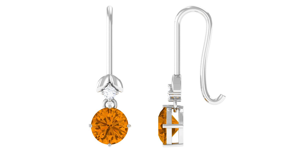 Certified Natural Citrine Diamond Drop Earrings with Fish Hook