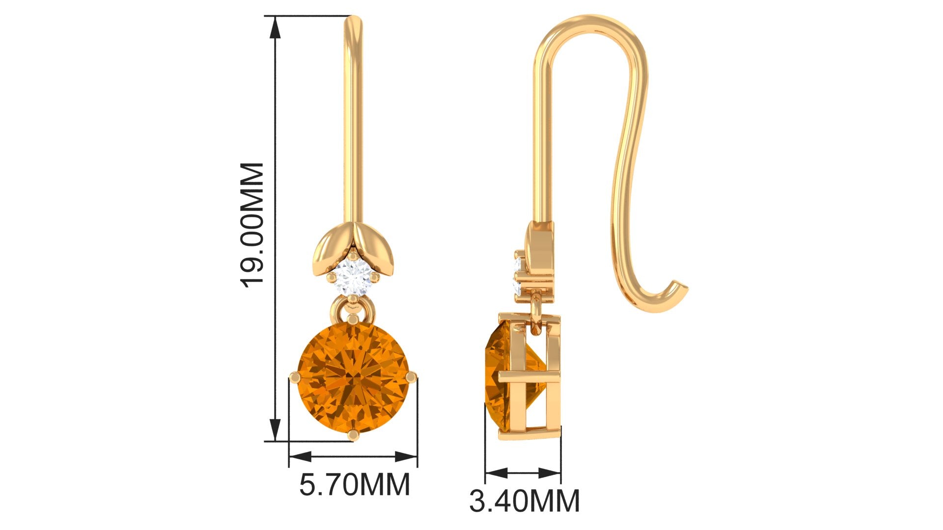 Certified Natural Citrine Diamond Drop Earrings with Fish Hook