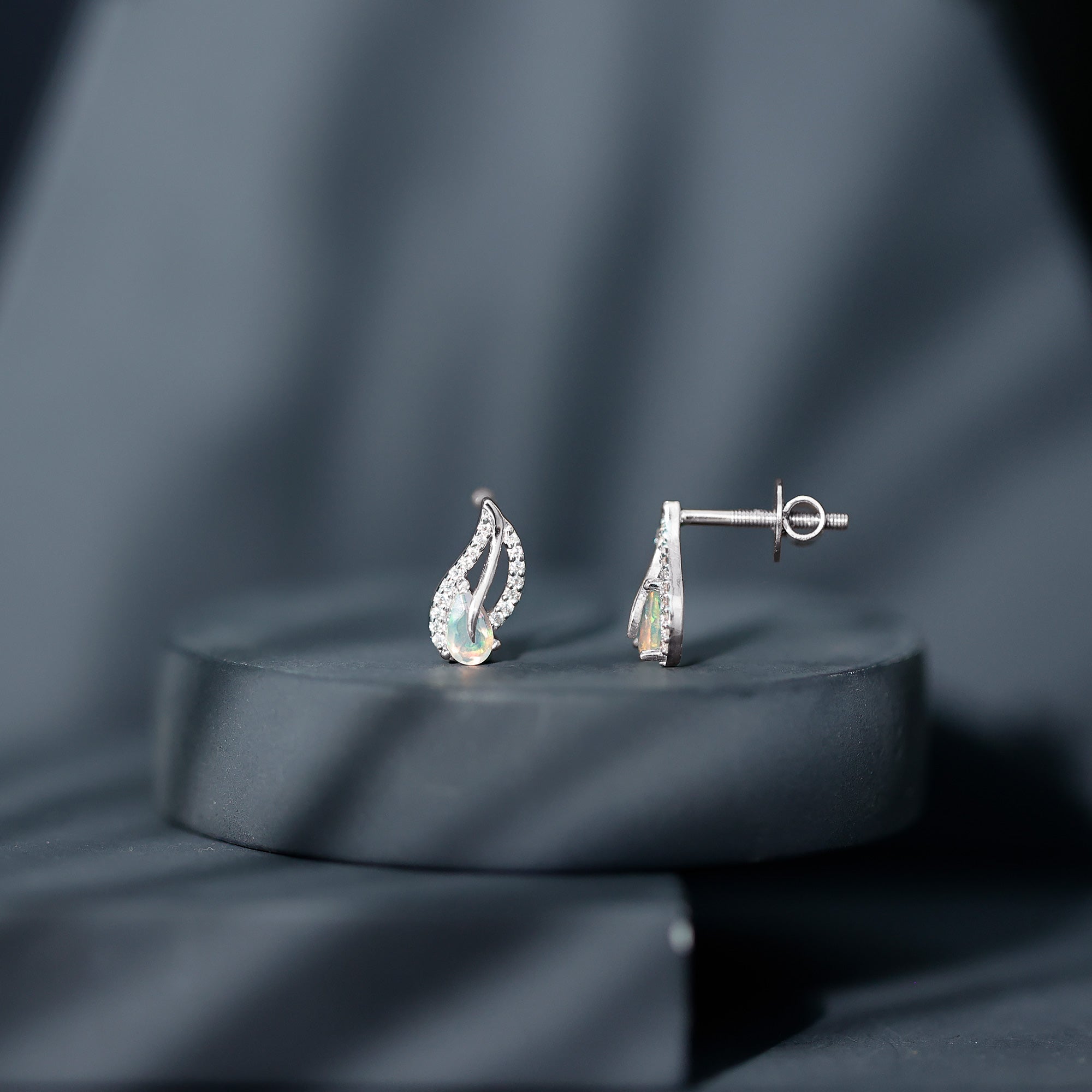 Sterling Silver Ethiopian Opal Leaf Earrings With Moissanite