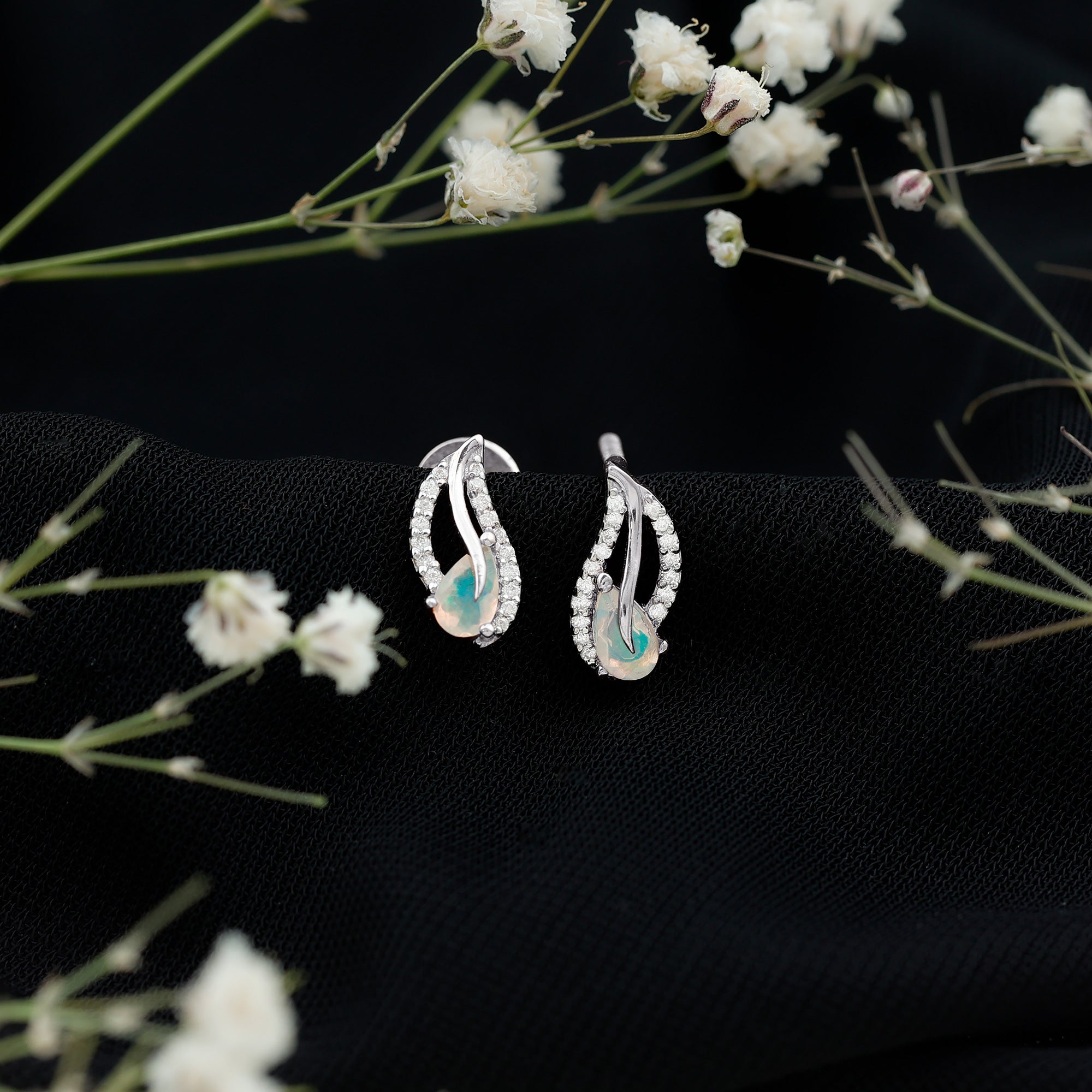 Sterling Silver Ethiopian Opal Leaf Earrings With Moissanite