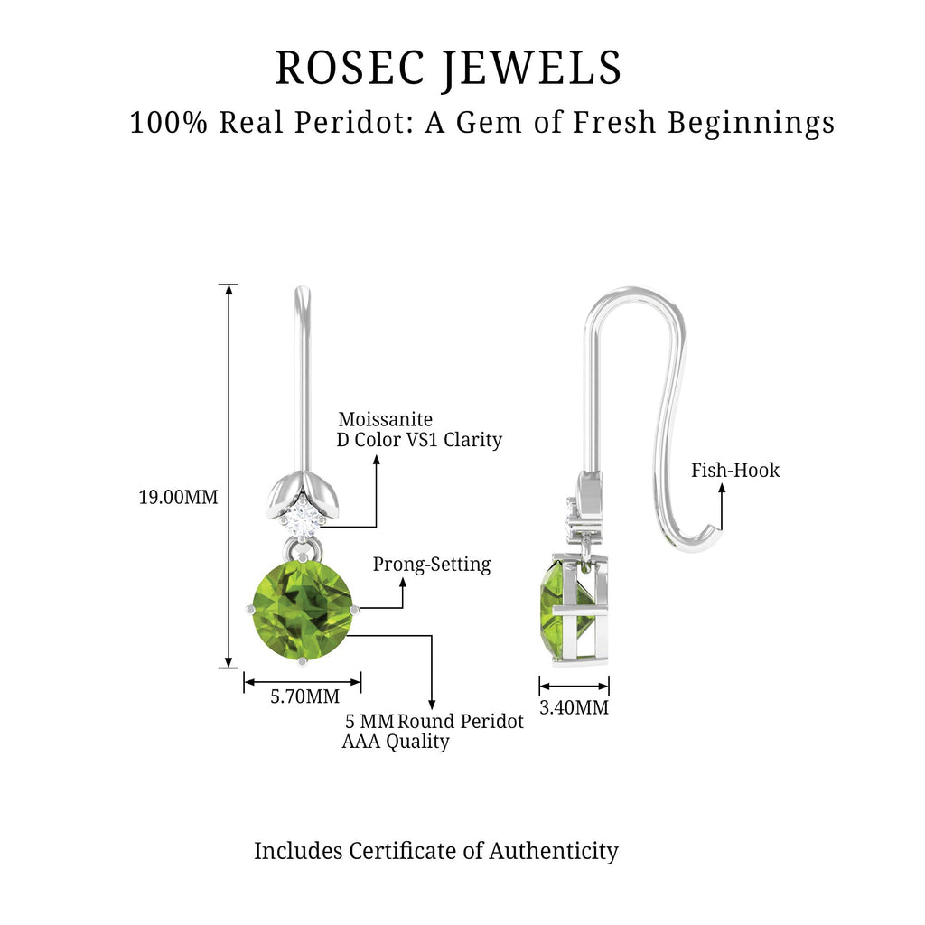 1 Carat Round Peridot and Moissanite Drop Earrings with Fish Hook