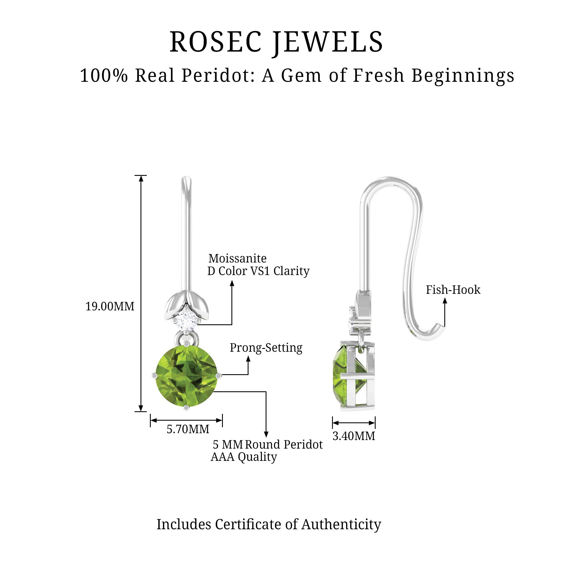 1 Carat Round Peridot and Moissanite Drop Earrings with Fish Hook