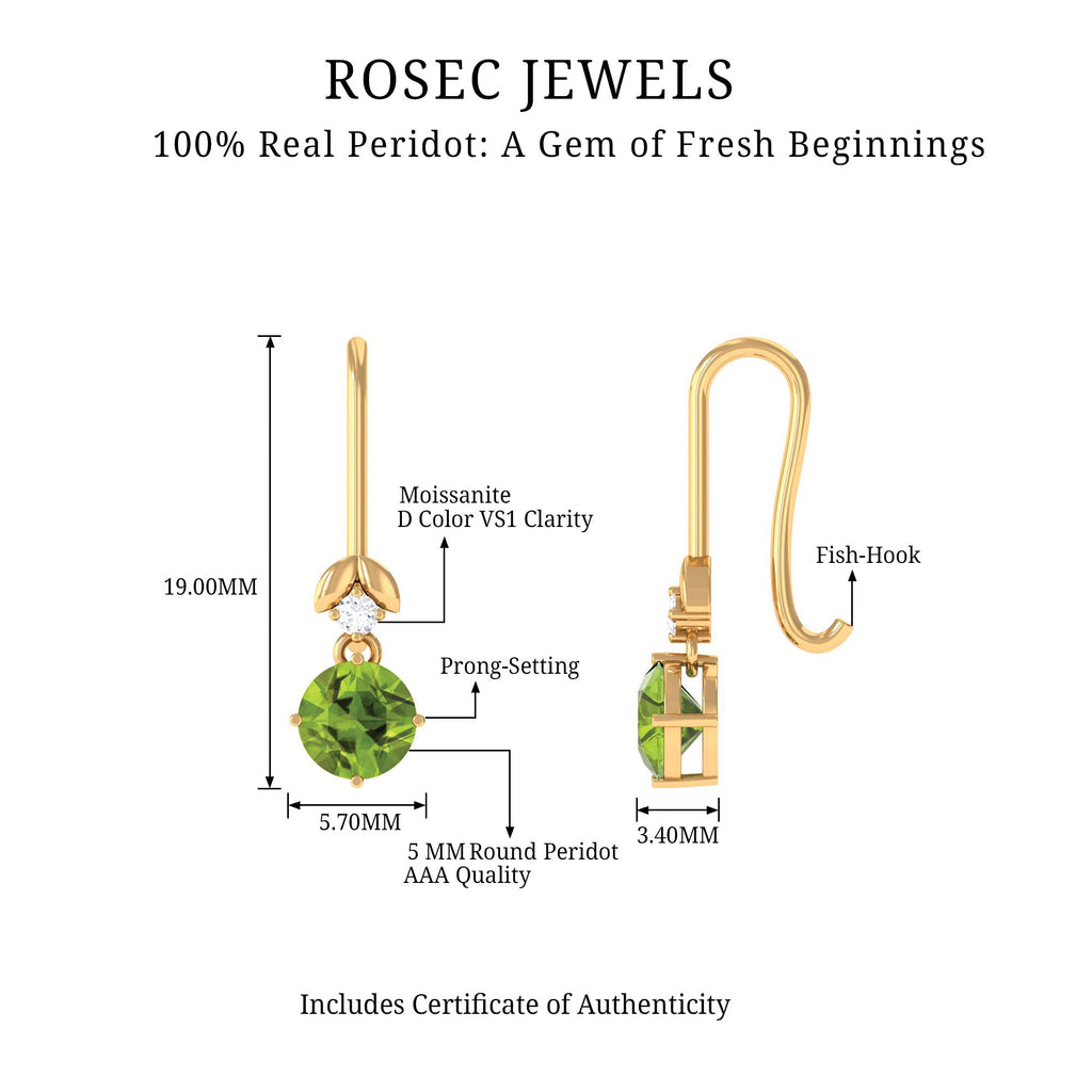 1 Carat Round Peridot and Moissanite Drop Earrings with Fish Hook
