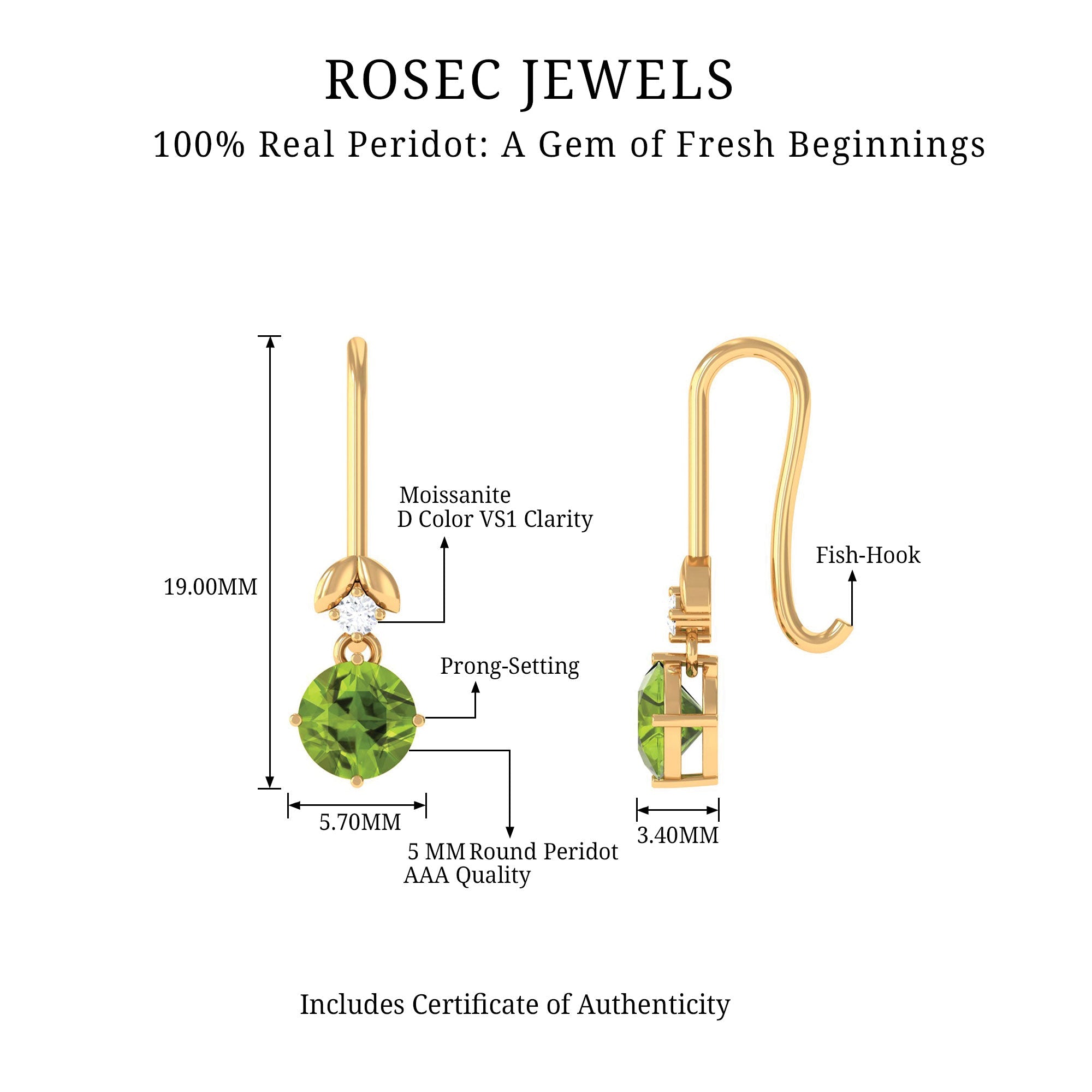 1 Carat Round Peridot and Moissanite Drop Earrings with Fish Hook
