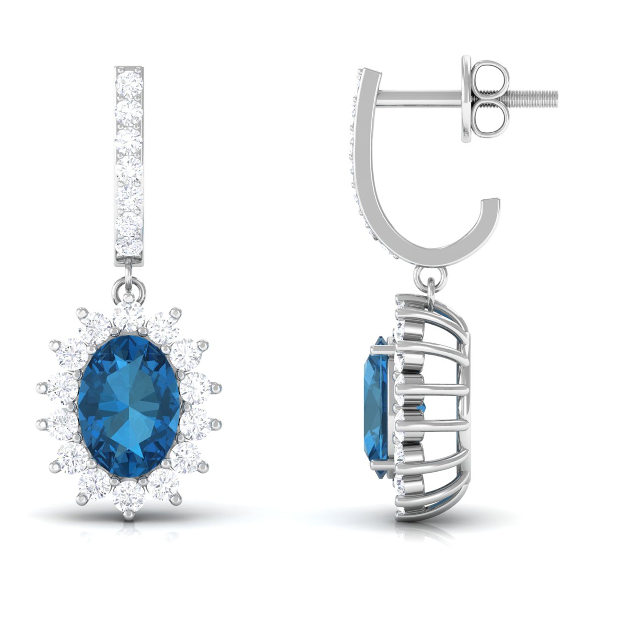 Natural 2 Carat London Blue Topaz Drop Earrings with Diamond Halo