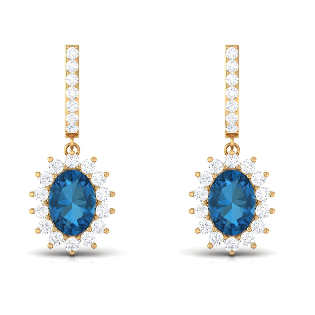 Natural 2 Carat London Blue Topaz Drop Earrings with Diamond Halo
