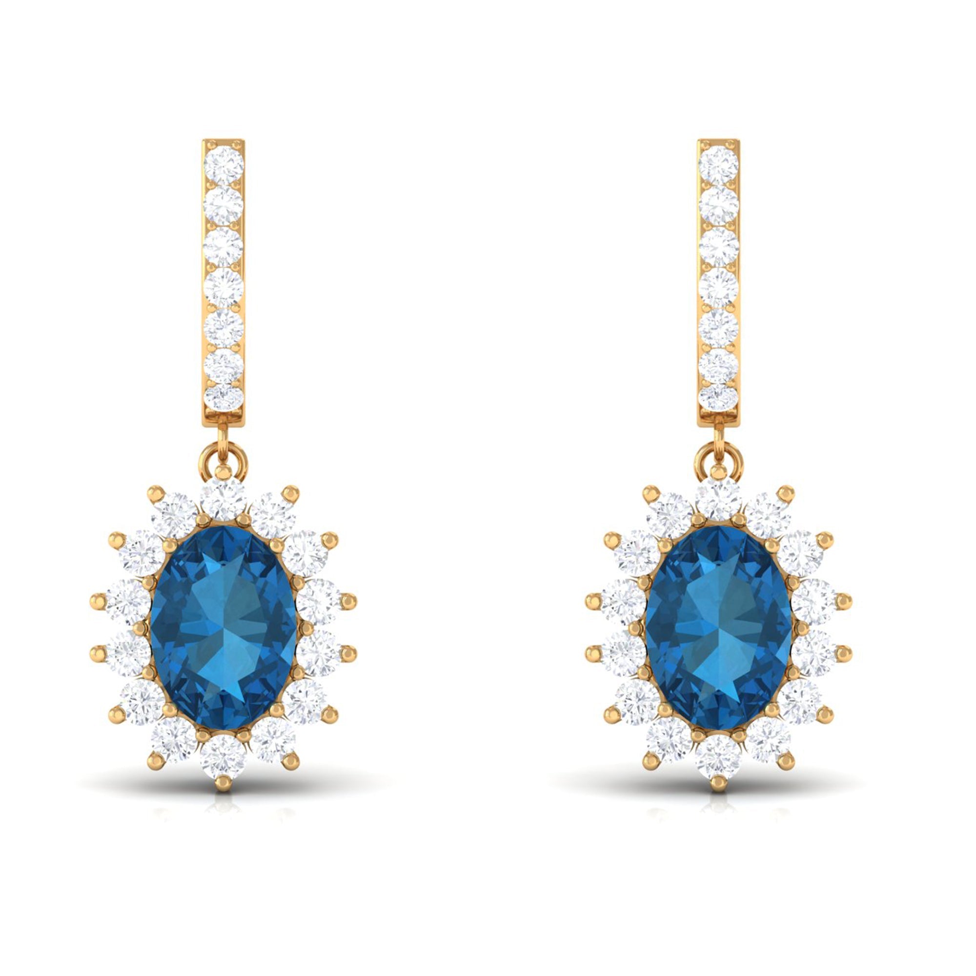 Natural 2 Carat London Blue Topaz Drop Earrings with Diamond Halo