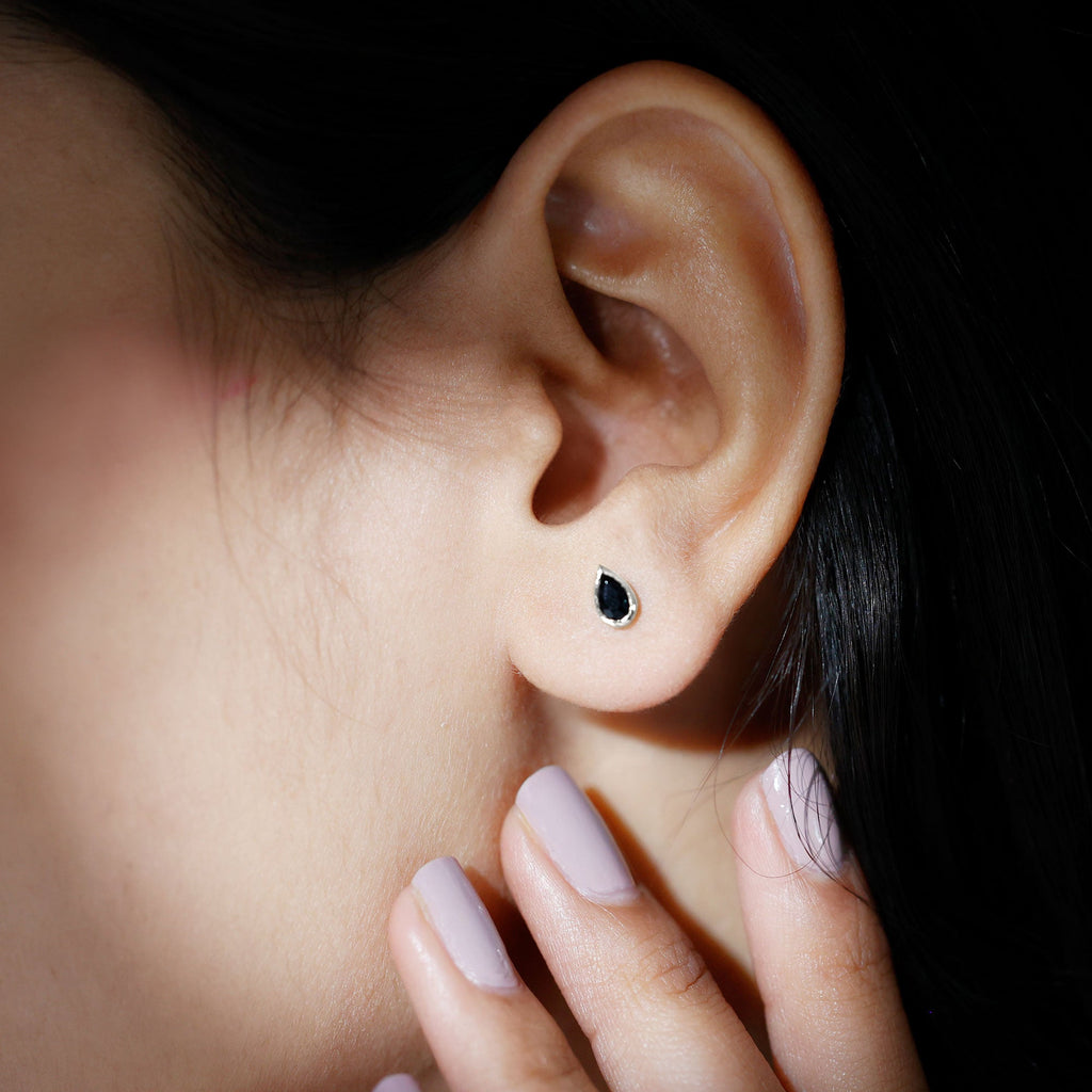 Genuine Black Onyx Teardrop Stud Earrings in Bezel Set