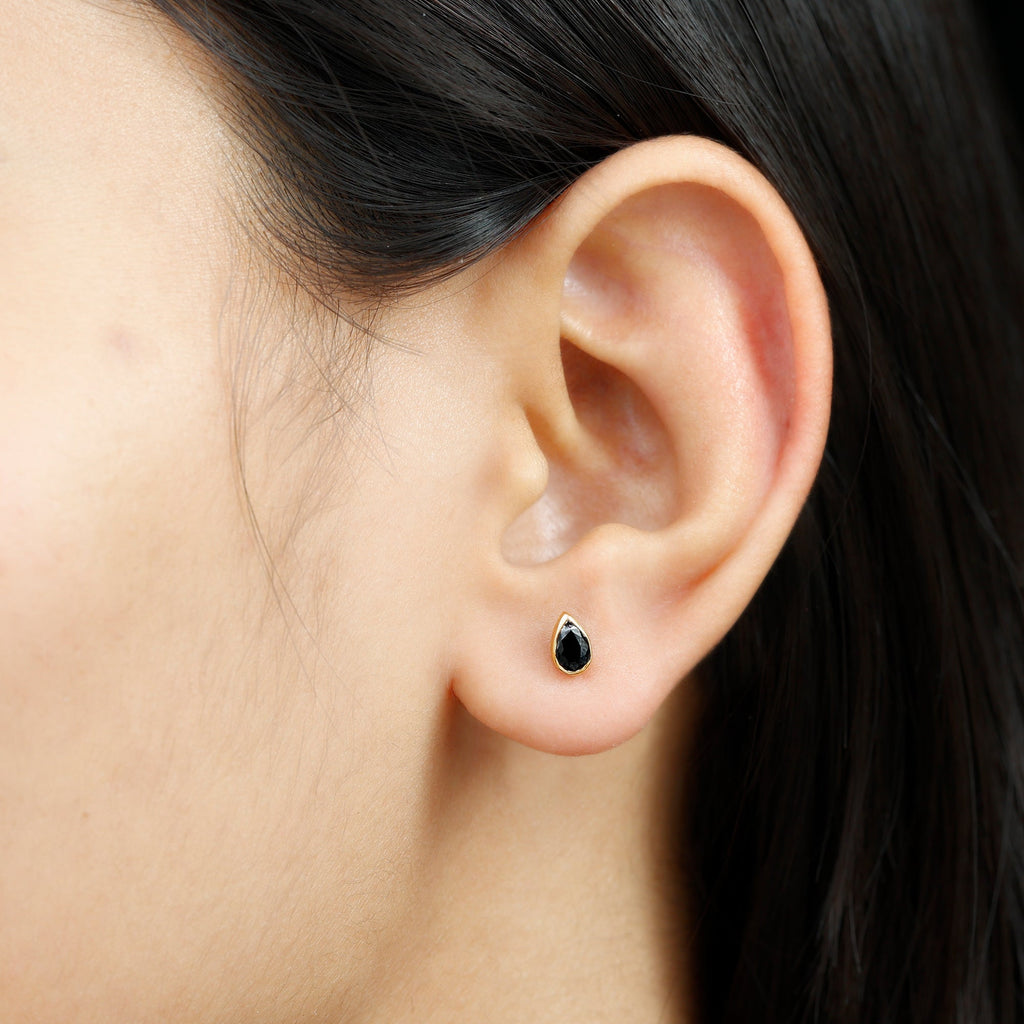 Genuine Black Onyx Teardrop Stud Earrings in Bezel Set