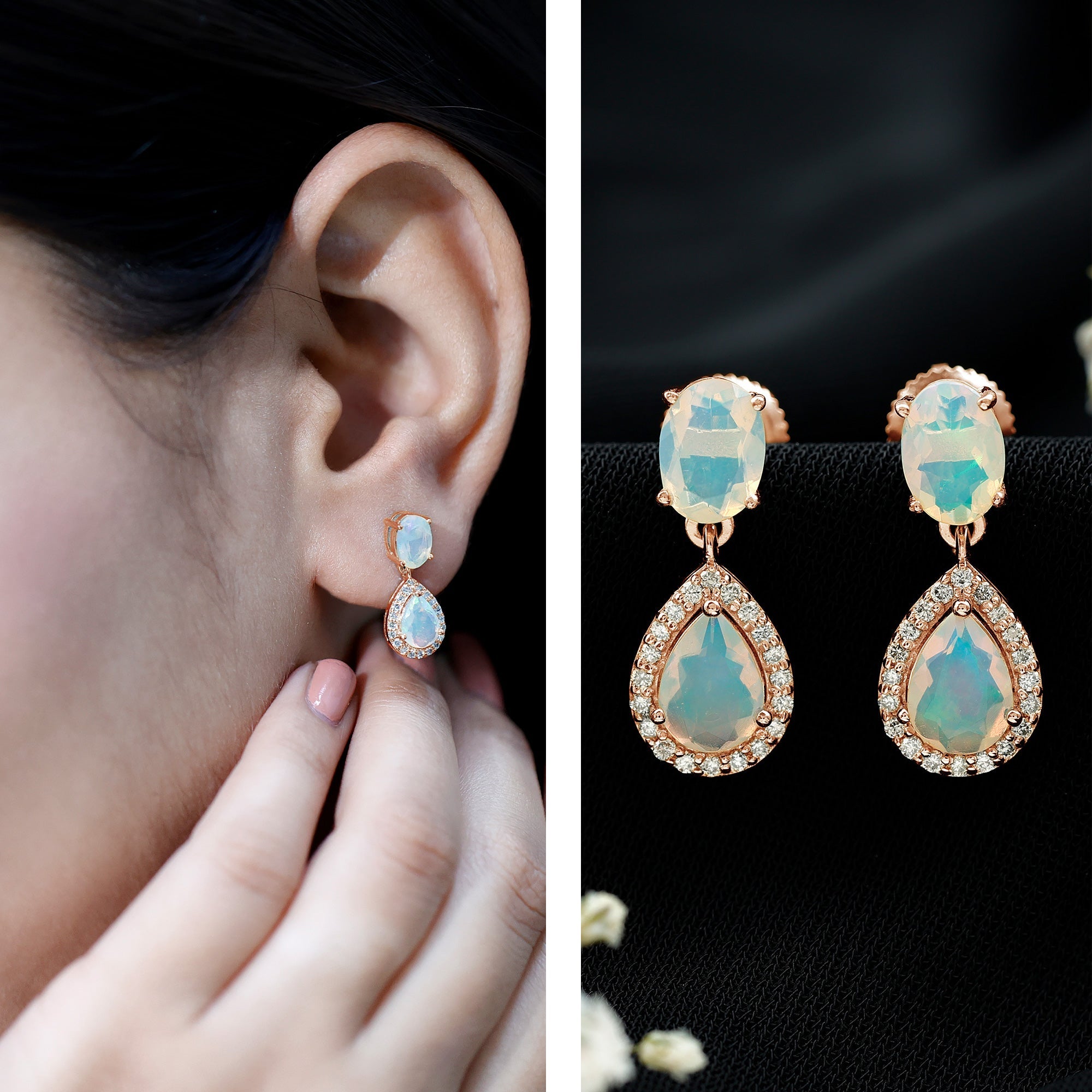 Classic Ethiopian Opal Dangle Earrings with Diamond Stones