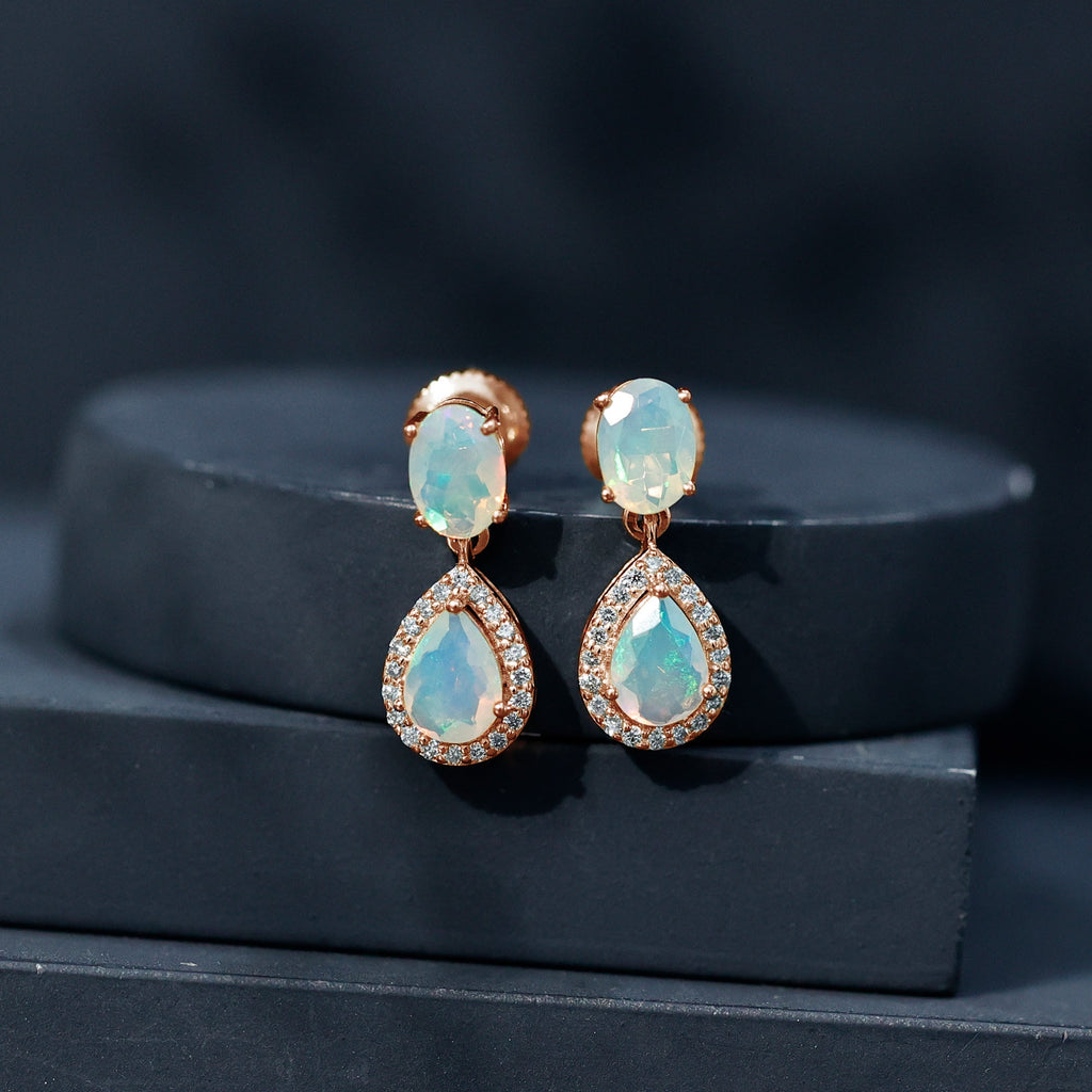 Classic Ethiopian Opal Dangle Earrings with Diamond Stones