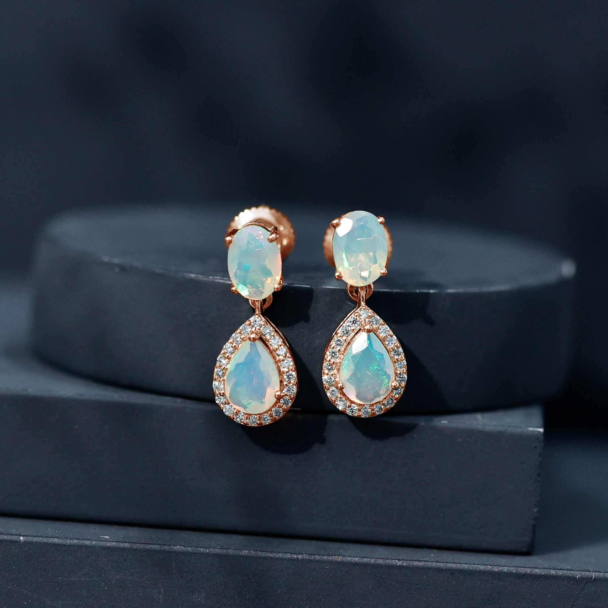Classic Ethiopian Opal Dangle Earrings with Diamond Stones
