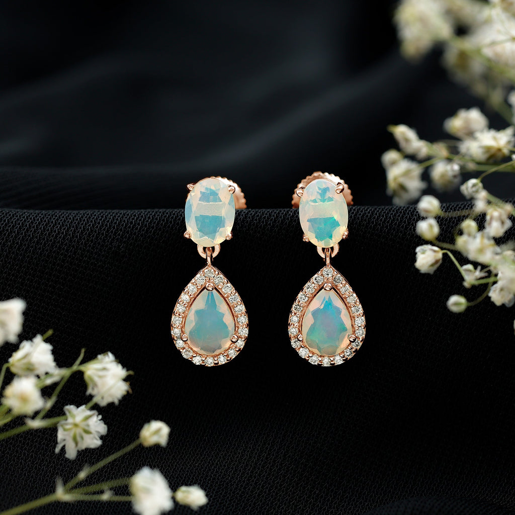 Classic Ethiopian Opal Dangle Earrings with Diamond Stones