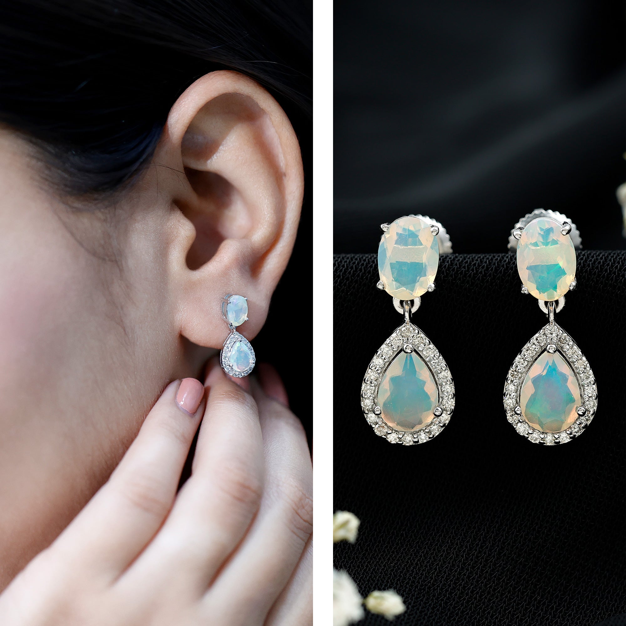 Classic Ethiopian Opal Dangle Earrings with Diamond Stones
