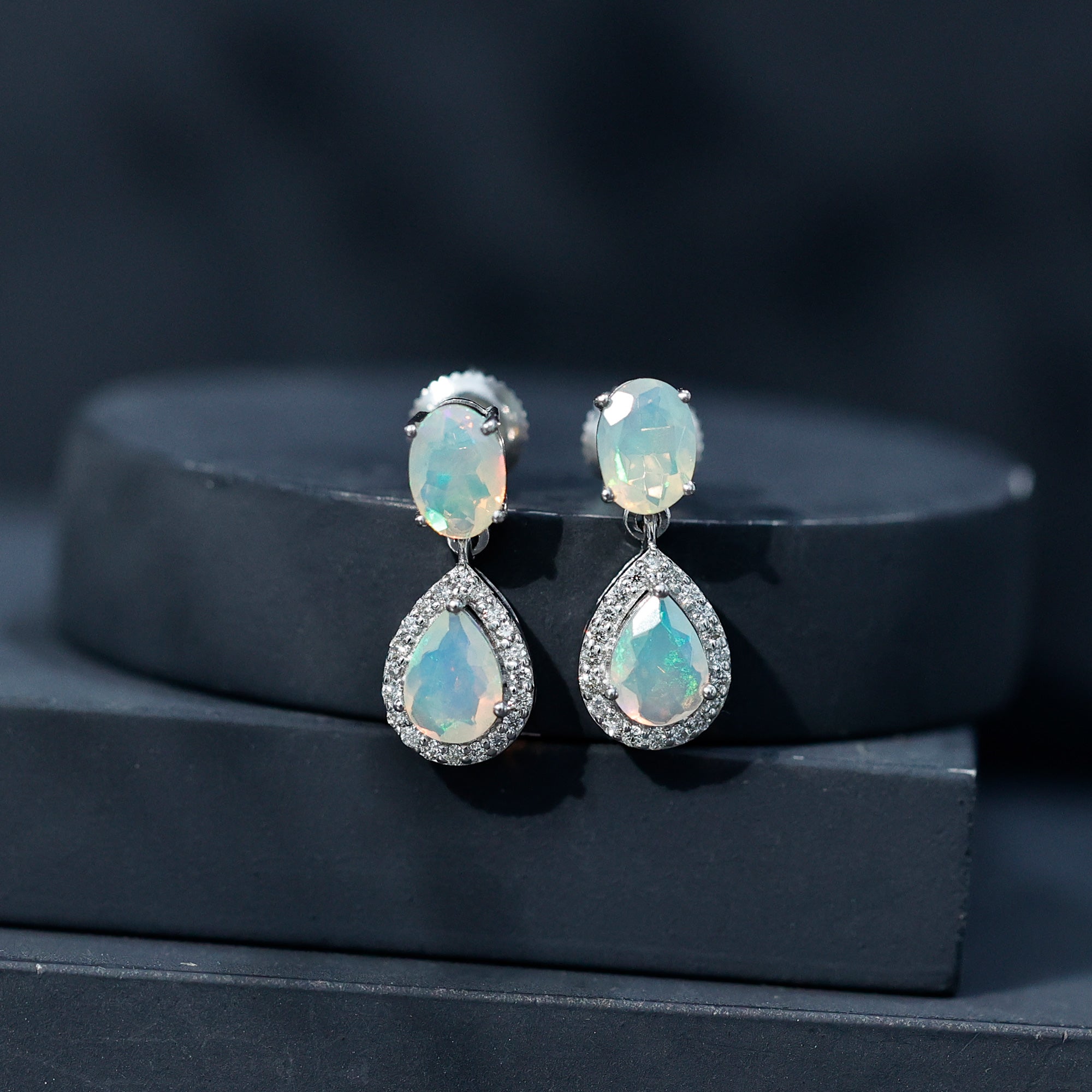 Classic Ethiopian Opal Dangle Earrings with Diamond Stones