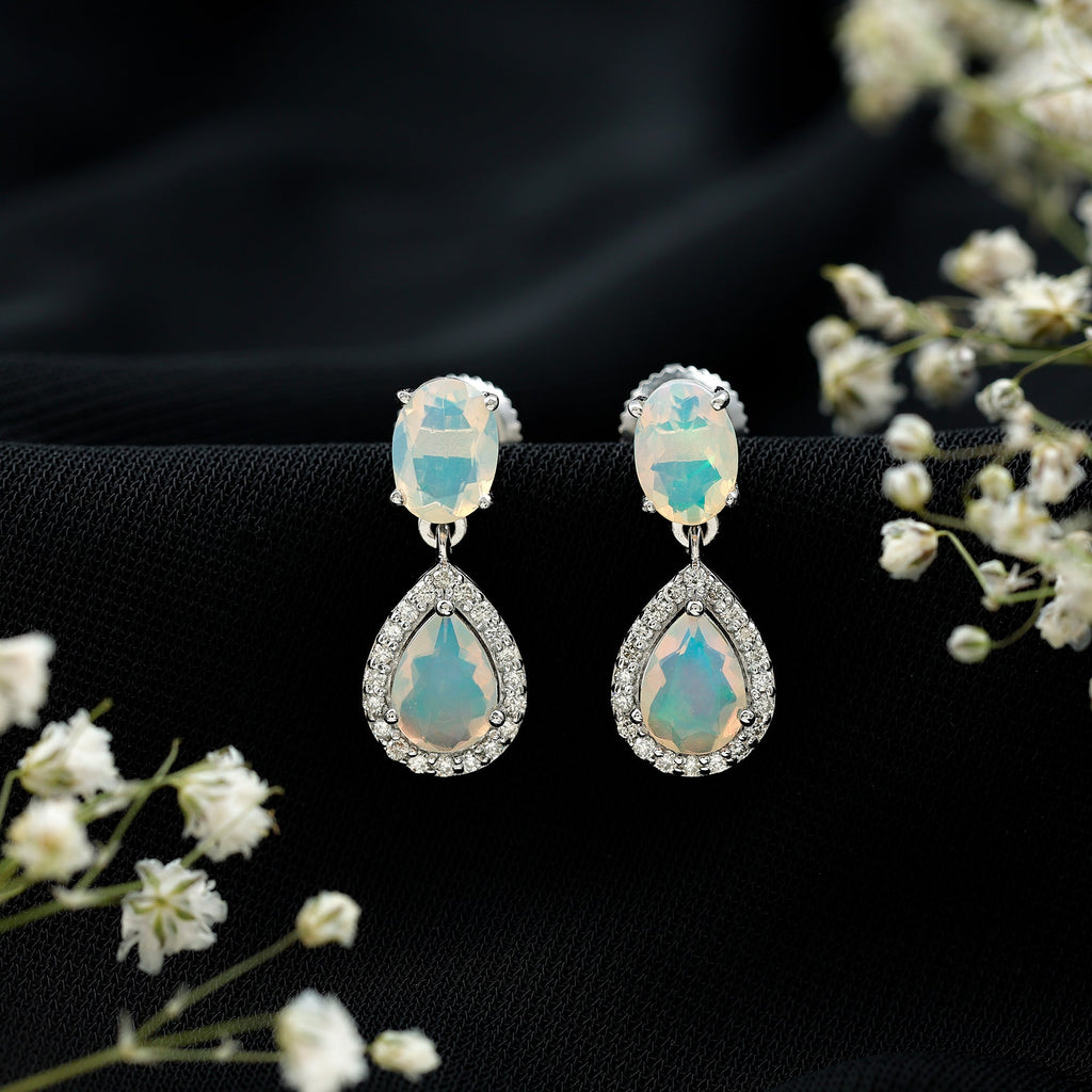 Classic Ethiopian Opal Dangle Earrings with Diamond Stones