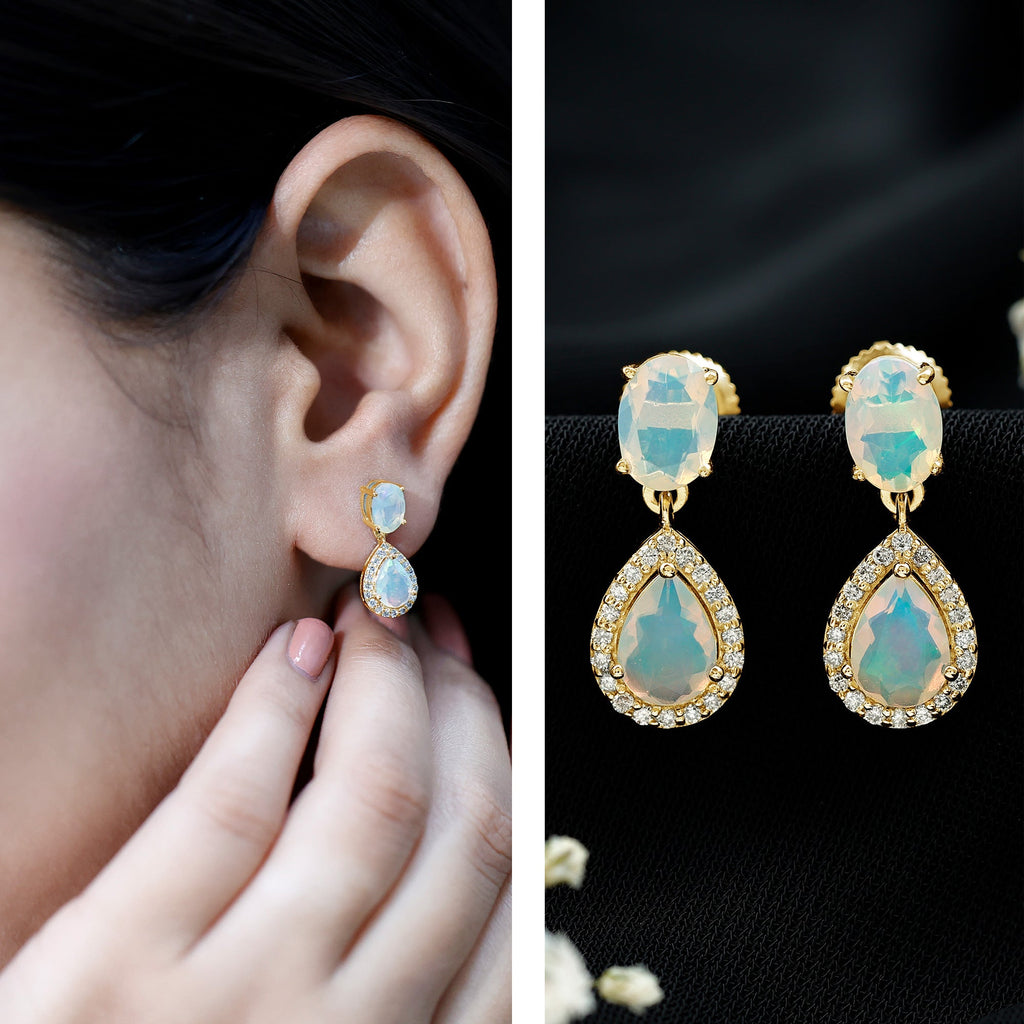 Classic Ethiopian Opal Dangle Earrings with Diamond Stones