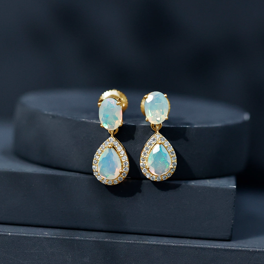 Classic Ethiopian Opal Dangle Earrings with Diamond Stones