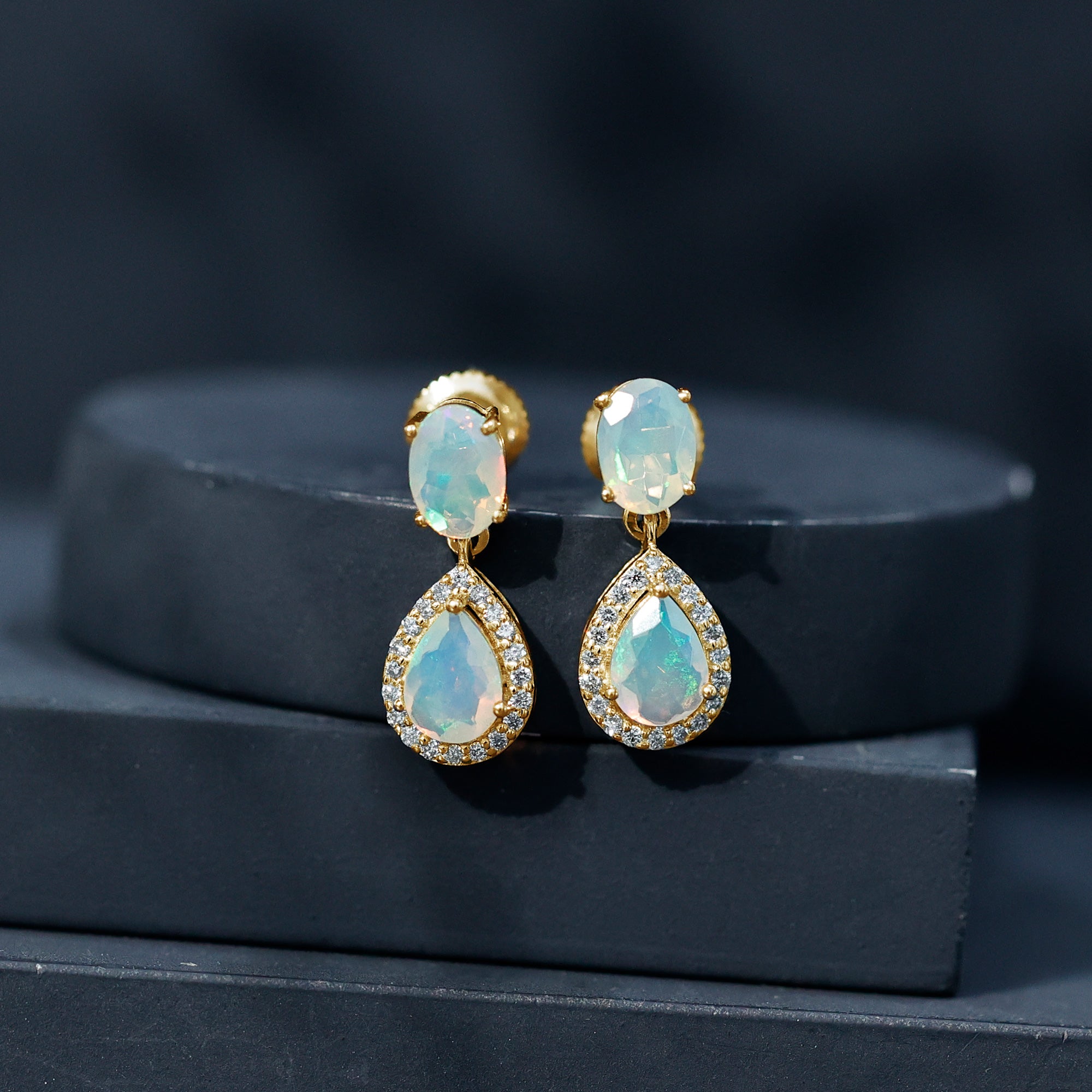 Classic Ethiopian Opal Dangle Earrings with Diamond Stones