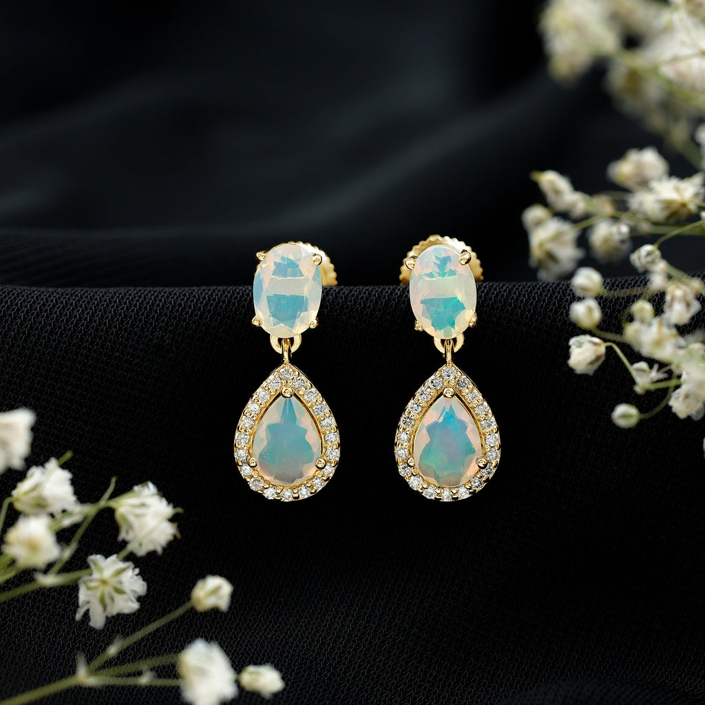 Classic Ethiopian Opal Dangle Earrings with Diamond Stones