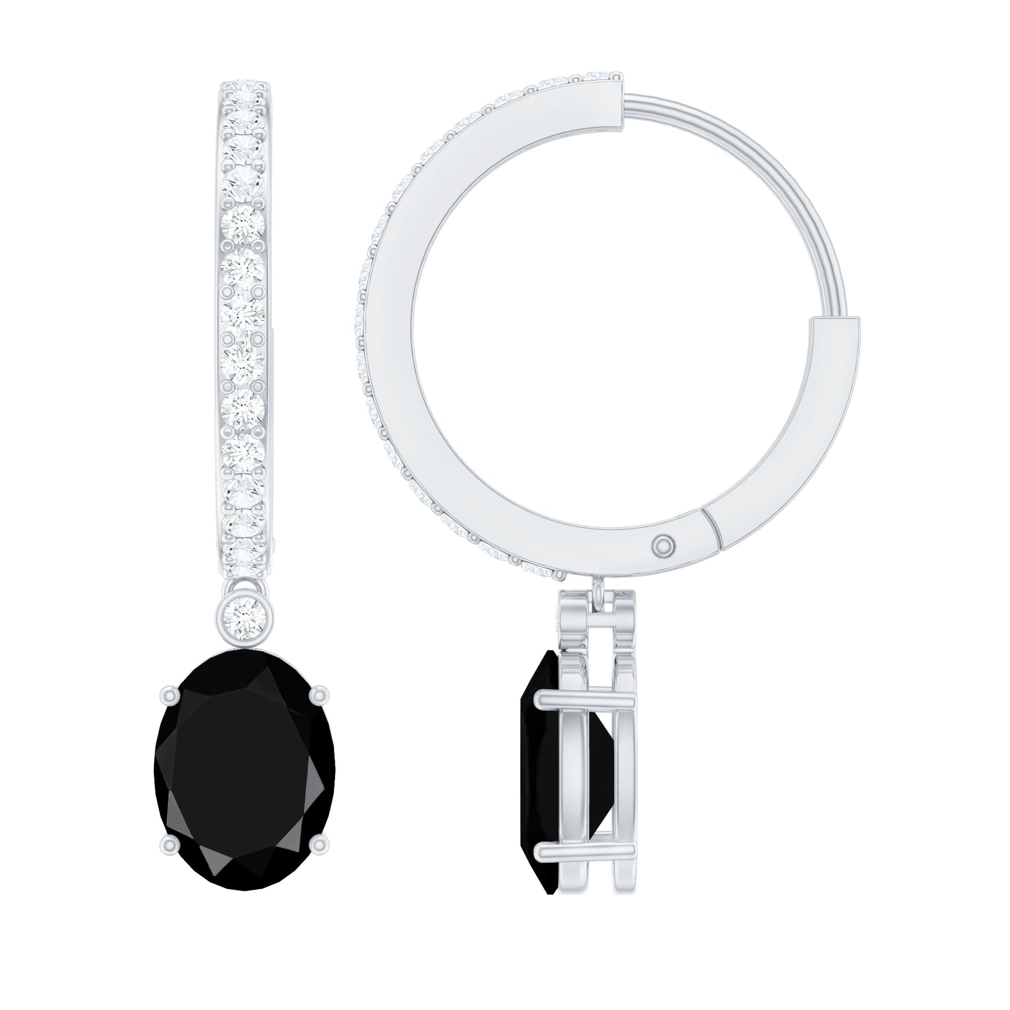 Natural 6X8mm Oval Black Onyx Hoop Drop Earrings with Diamond