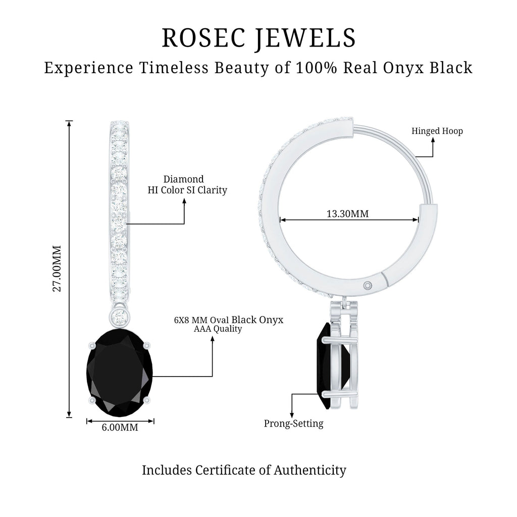 Natural 6X8mm Oval Black Onyx Hoop Drop Earrings with Diamond