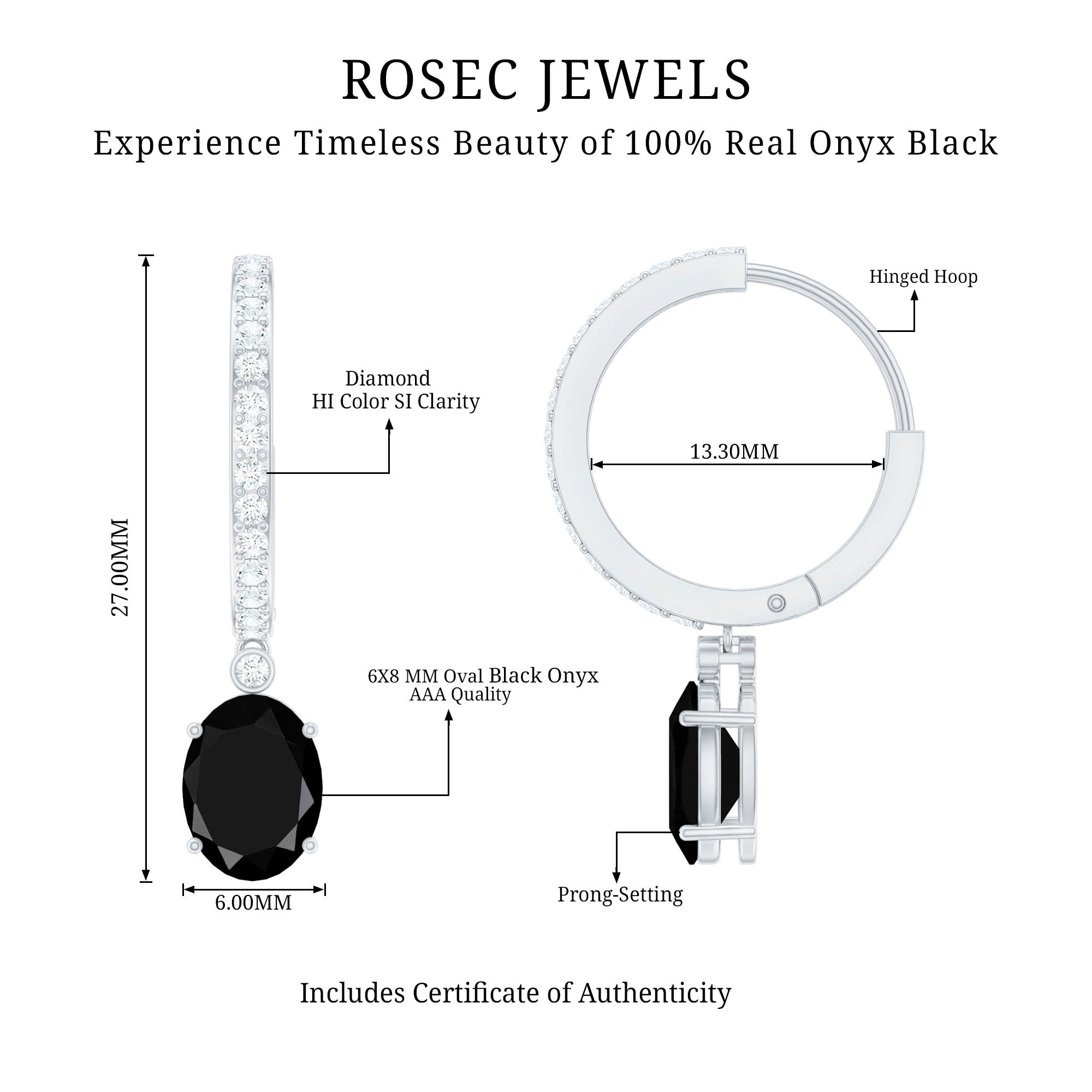 Natural 6X8mm Oval Black Onyx Hoop Drop Earrings with Diamond