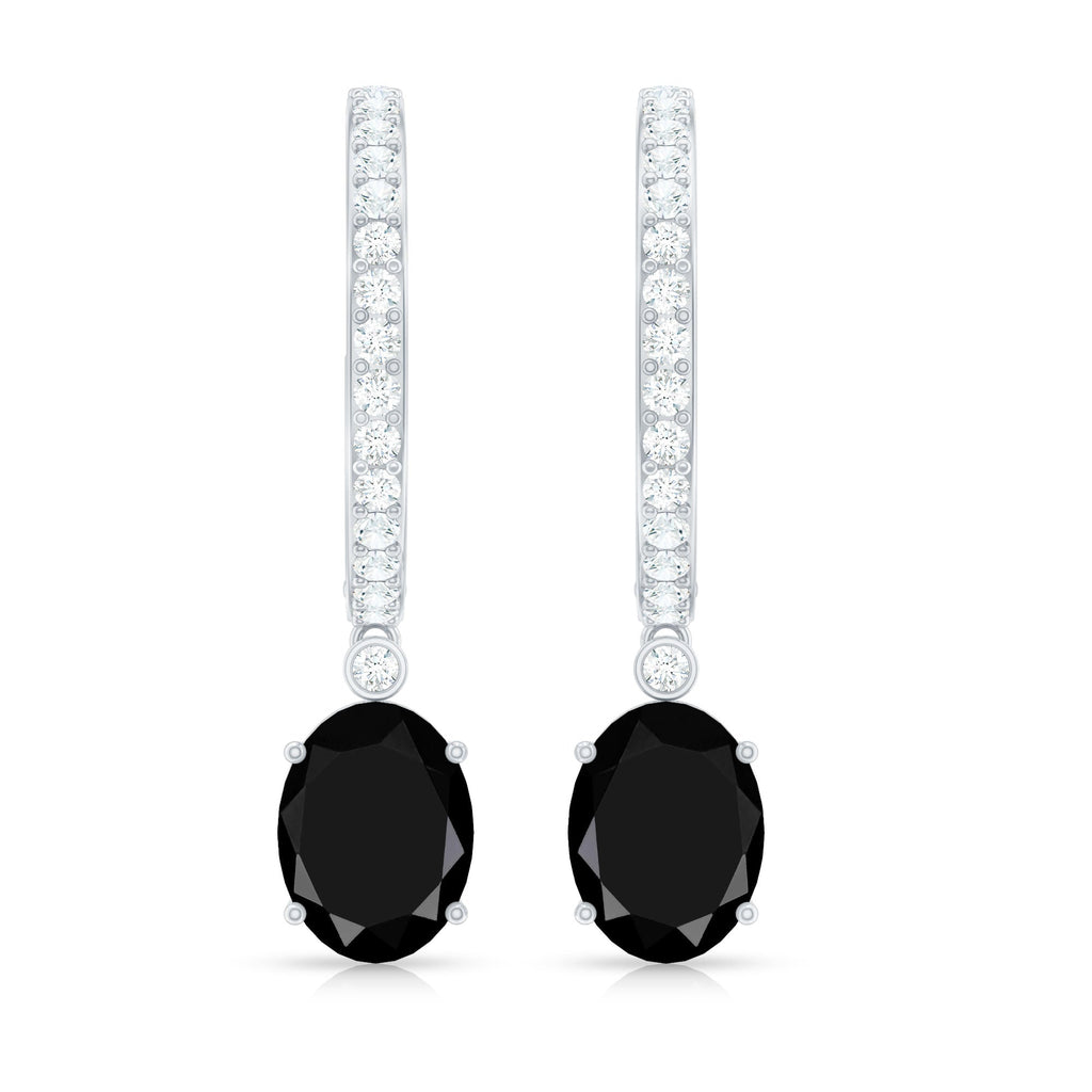 Natural 6X8mm Oval Black Onyx Hoop Drop Earrings with Diamond