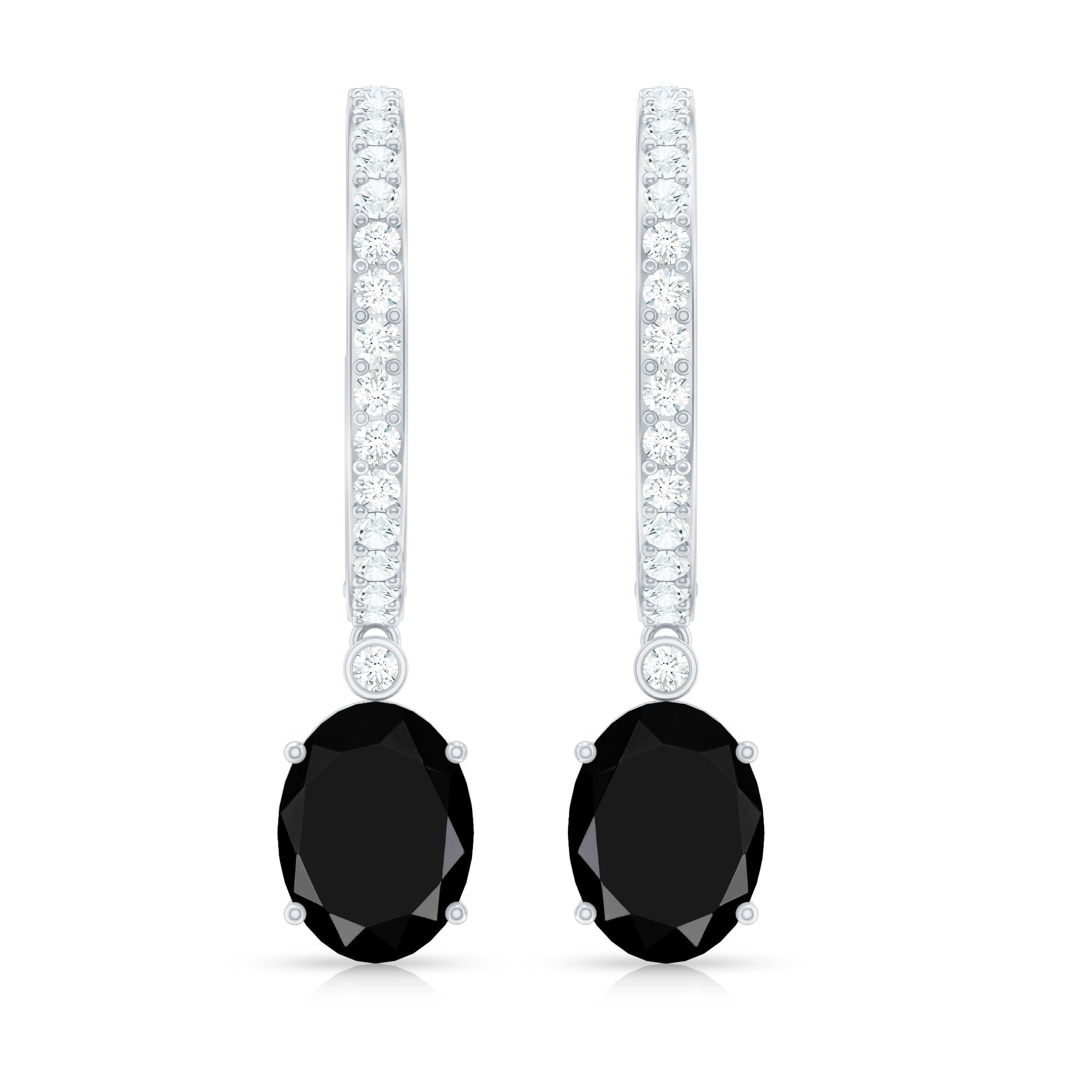 Natural 6X8mm Oval Black Onyx Hoop Drop Earrings with Diamond