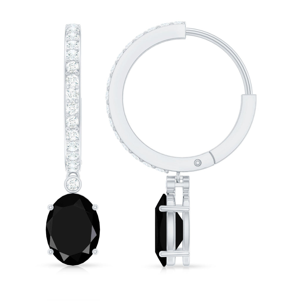 Natural 6X8mm Oval Black Onyx Hoop Drop Earrings with Diamond