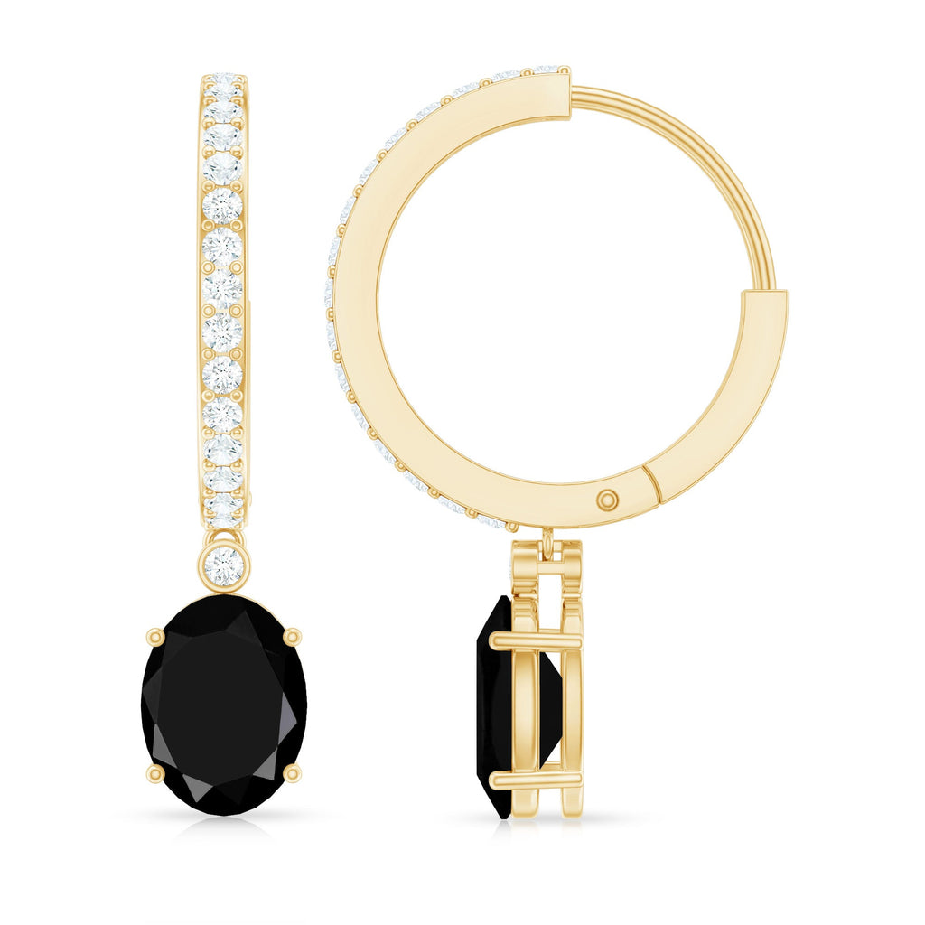 Natural 6X8mm Oval Black Onyx Hoop Drop Earrings with Diamond