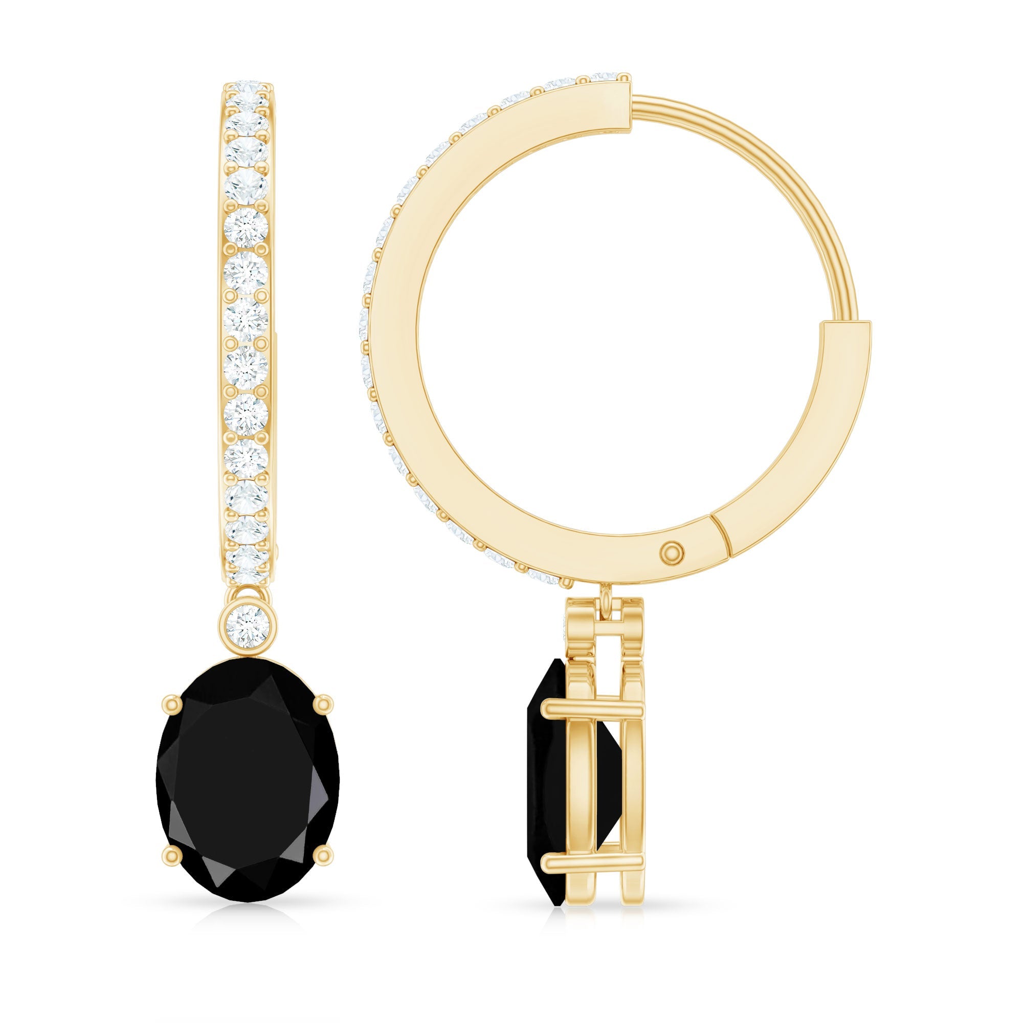 Natural 6X8mm Oval Black Onyx Hoop Drop Earrings with Diamond