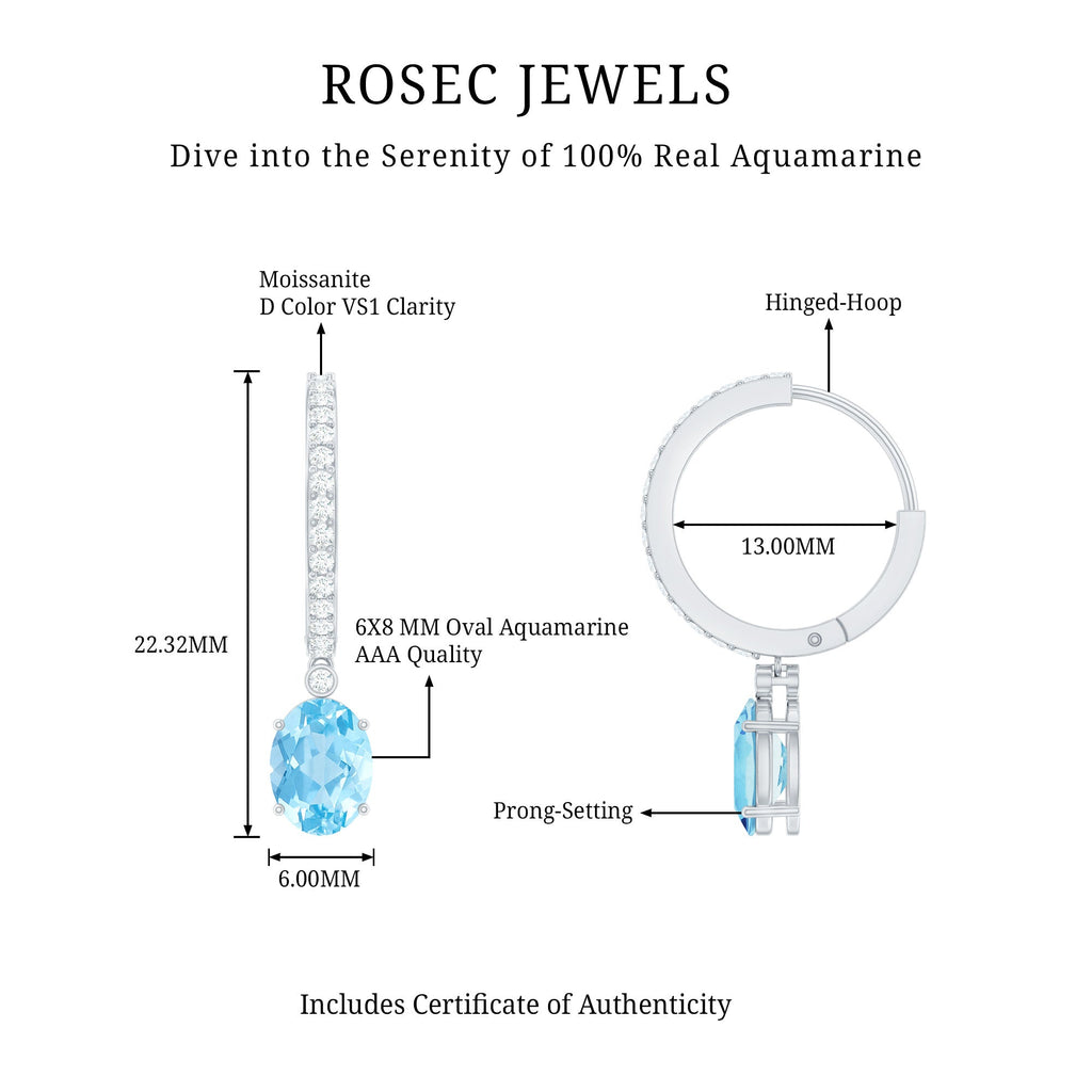 Oval Cut Aquamarine Hoop Drop Earrings with Moissanite