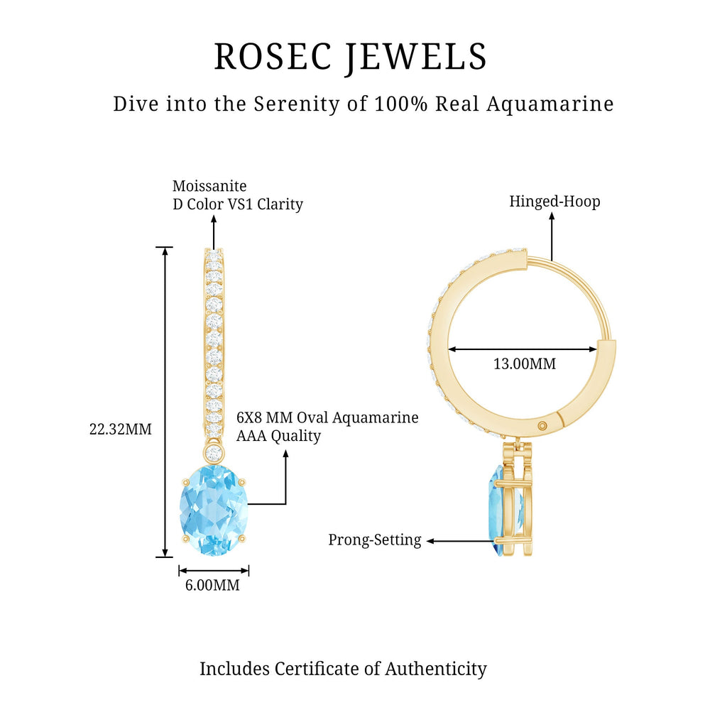 Oval Cut Aquamarine Hoop Drop Earrings with Moissanite