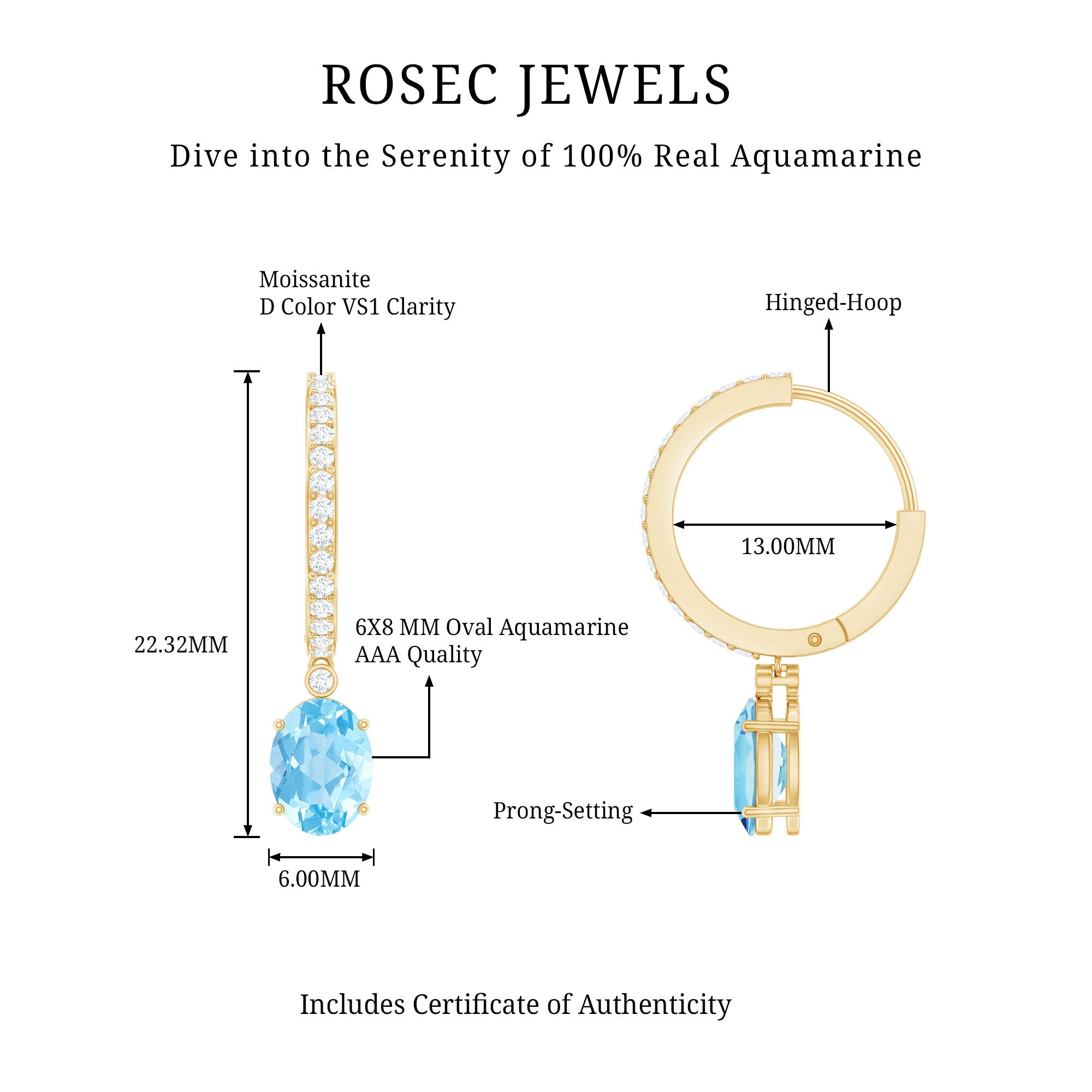 Oval Cut Aquamarine Hoop Drop Earrings with Moissanite