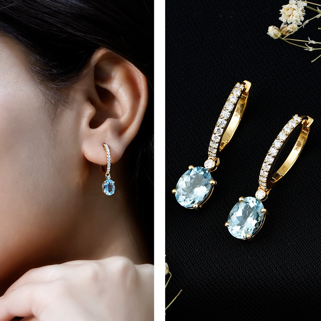 Oval Cut Aquamarine Hoop Drop Earrings with Moissanite